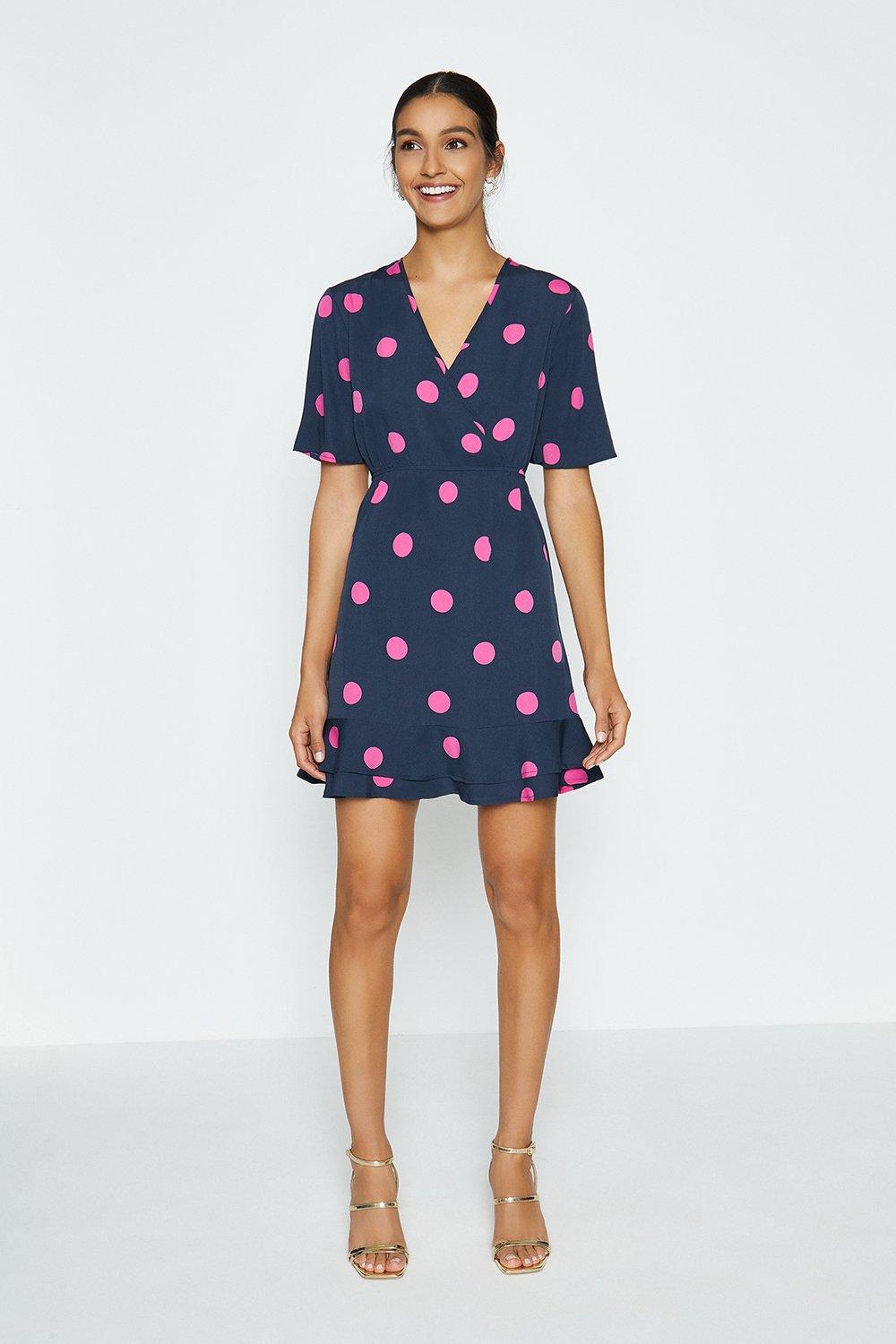 navy spot wrap dress