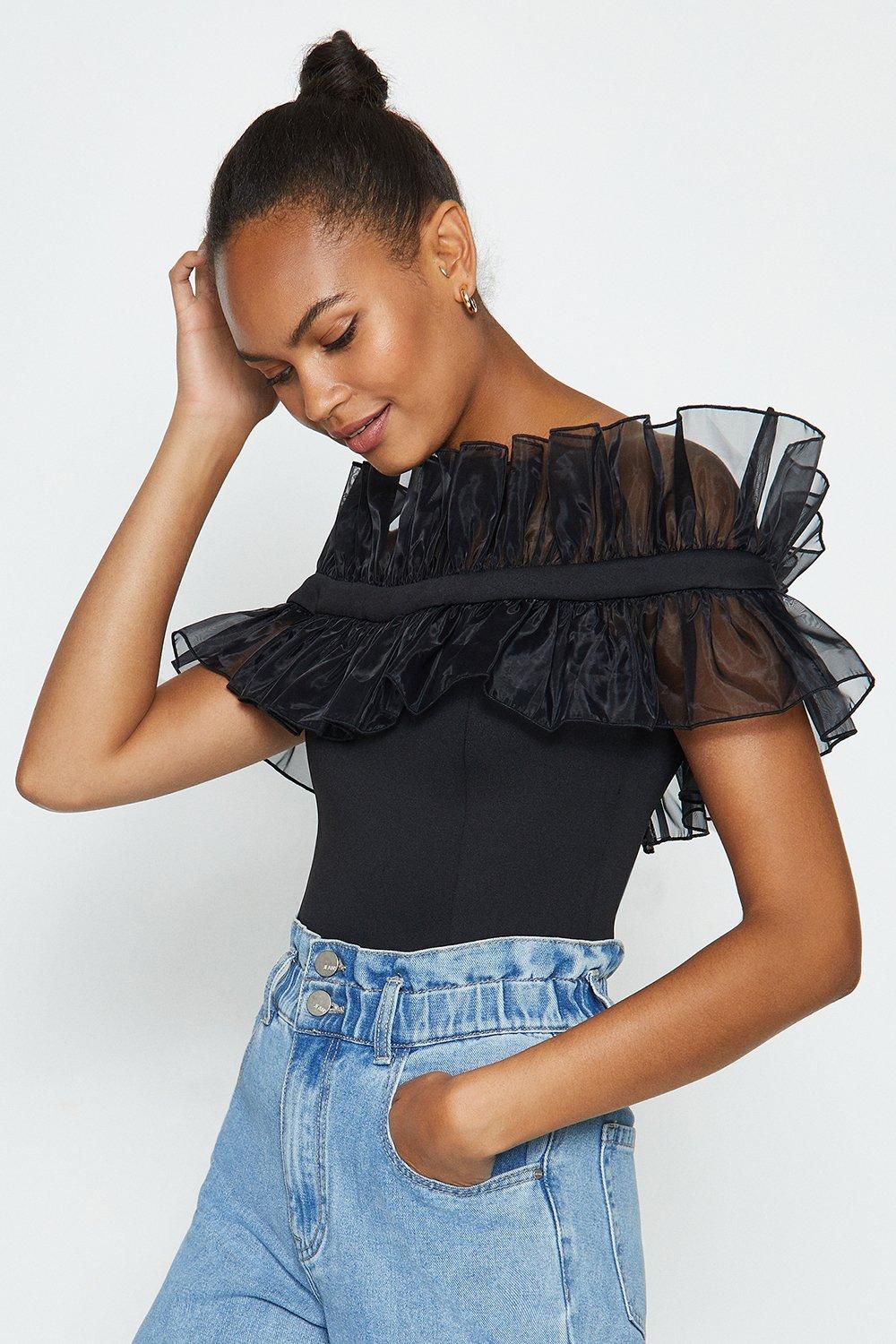 black ruffle bardot top