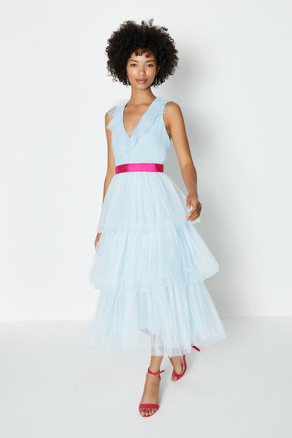 blue tulle midi dress