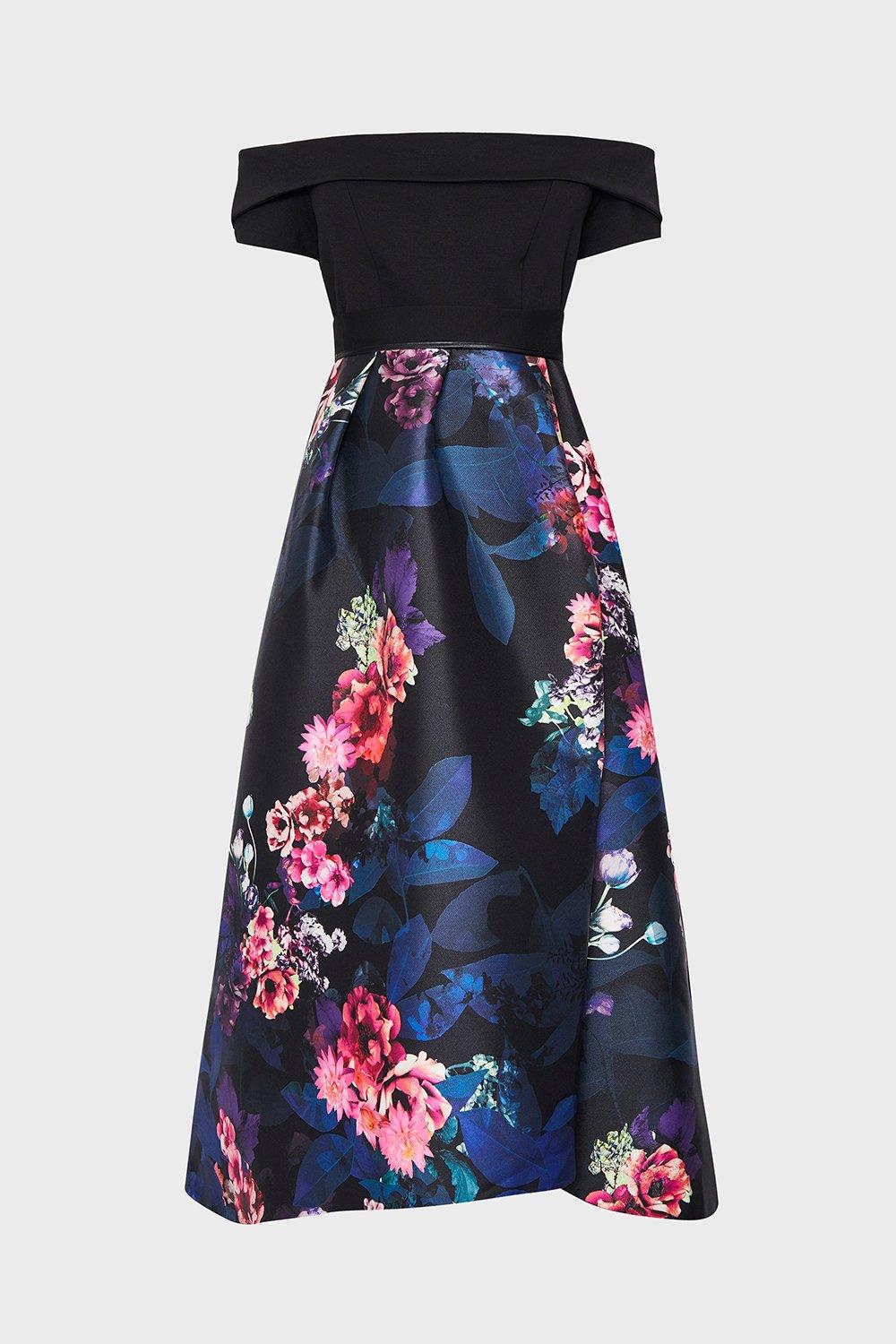 prettylittlething bardot floral midi dress