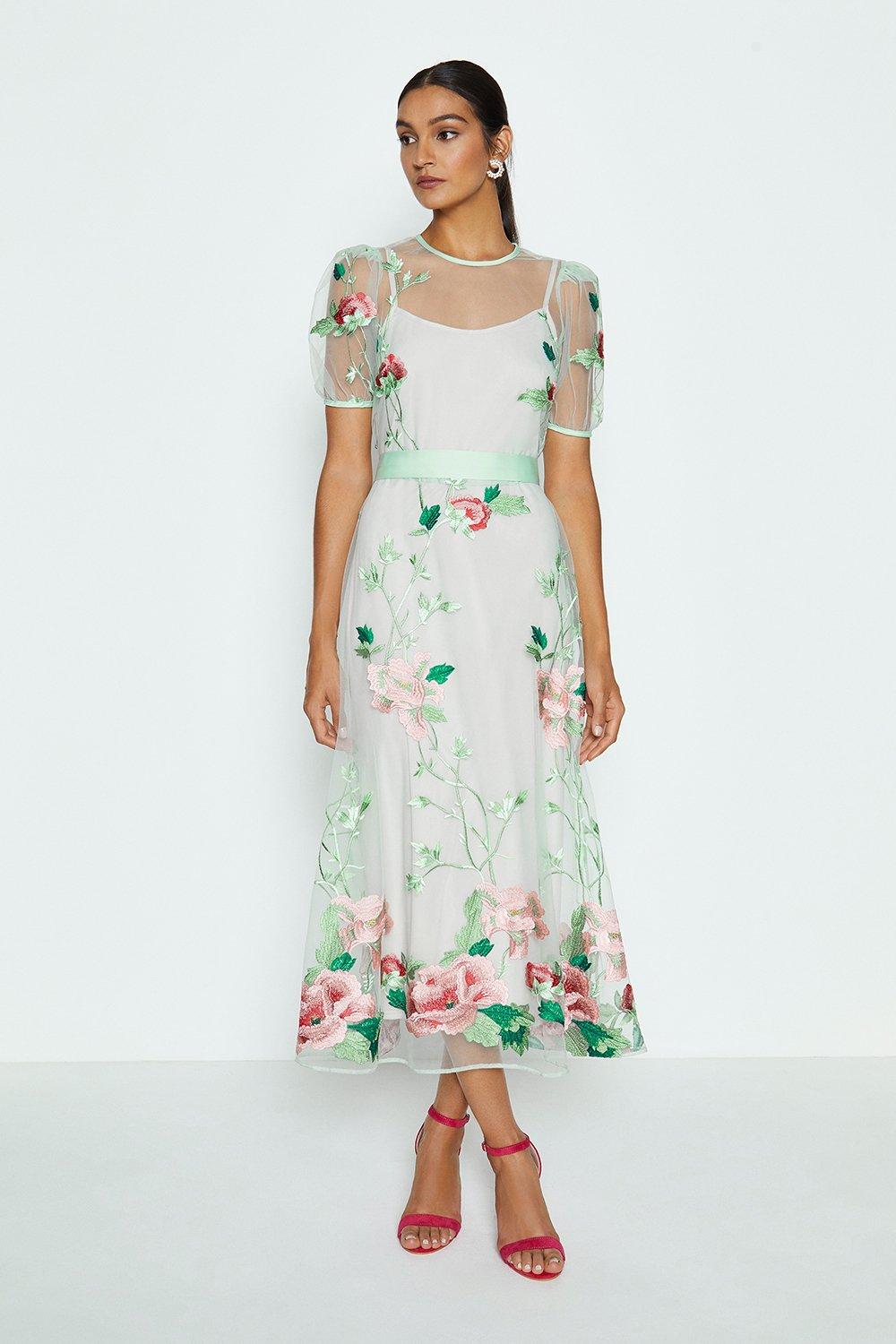 embroidered midi dress with sleeves