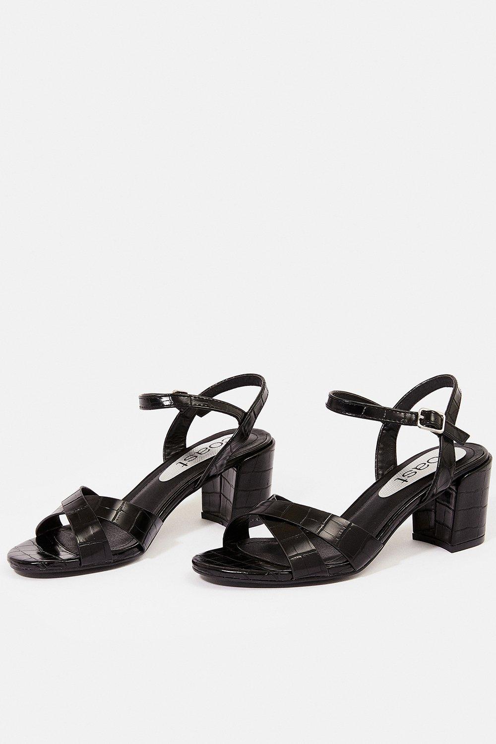 black croc block heels