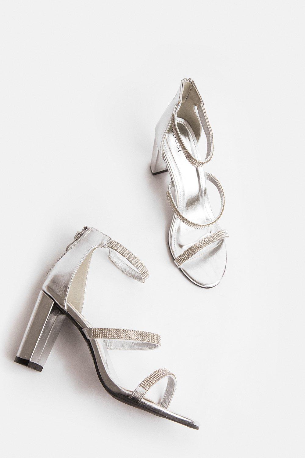 silver diamante block heel sandals