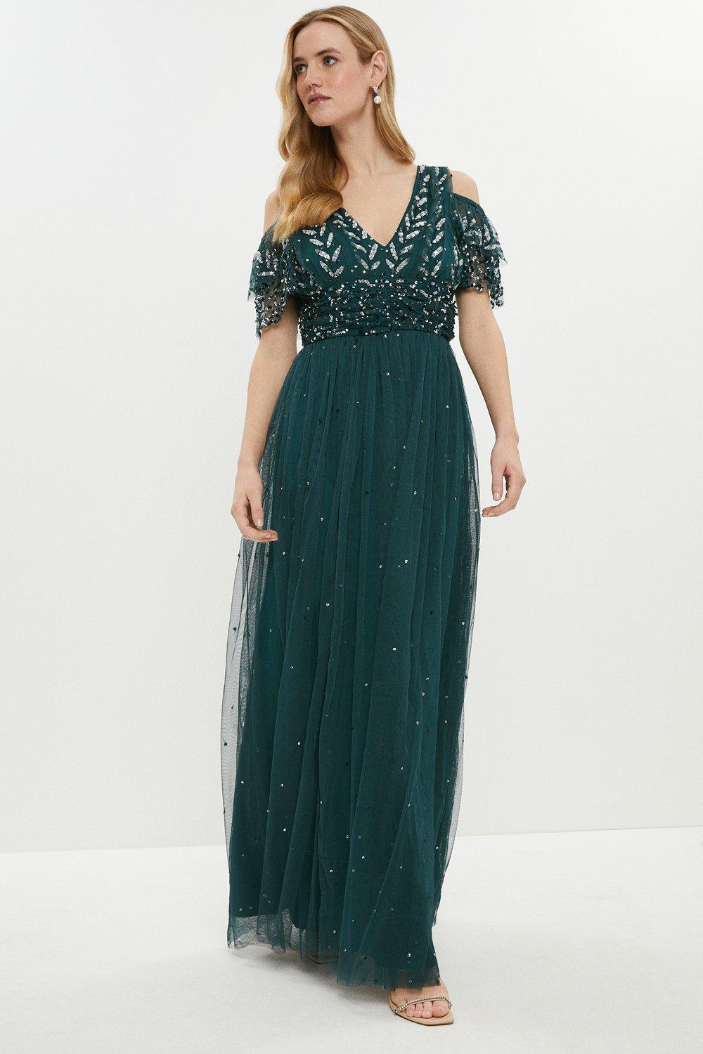 green bardot embellished maxi dress