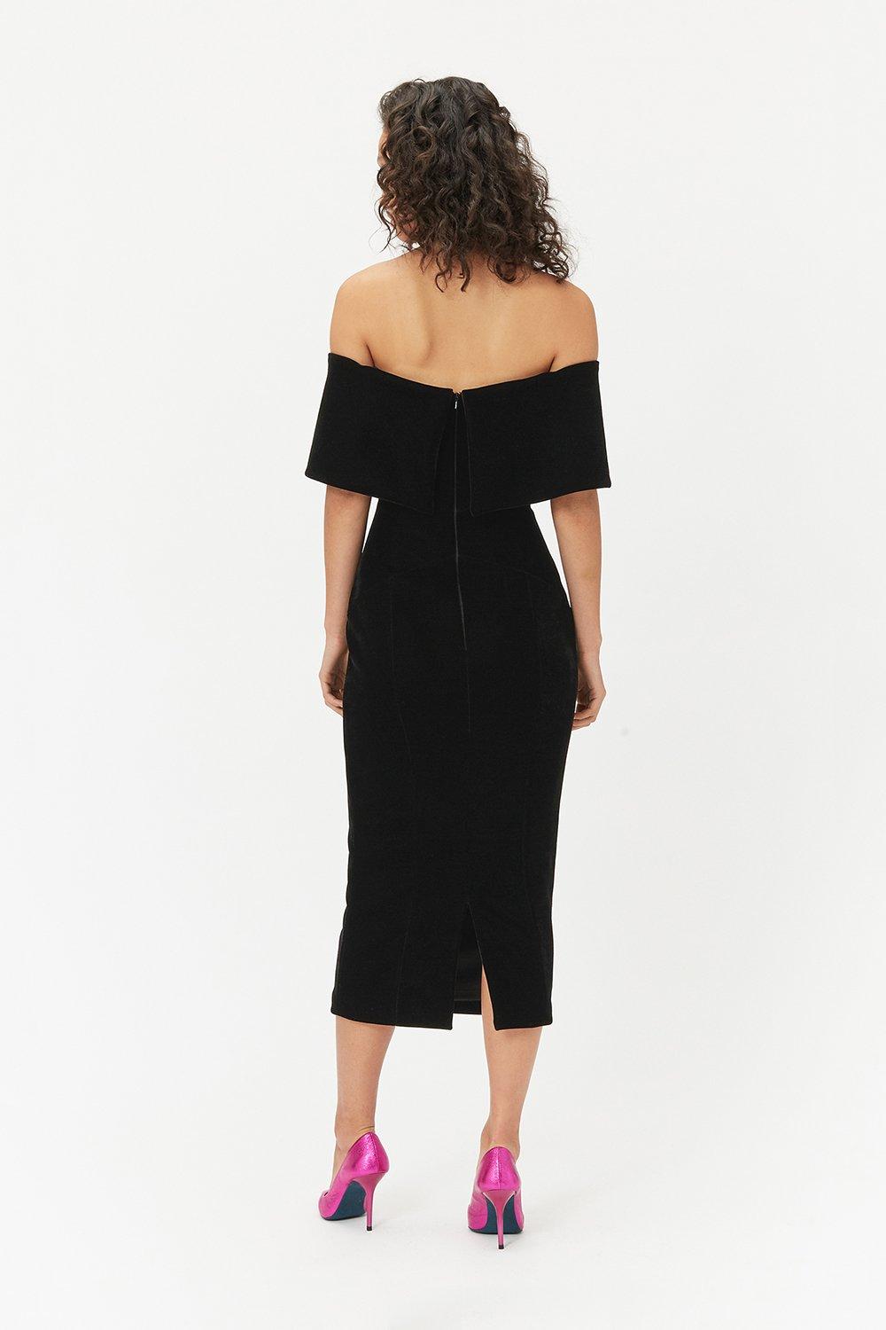 velvet bardot midi dress