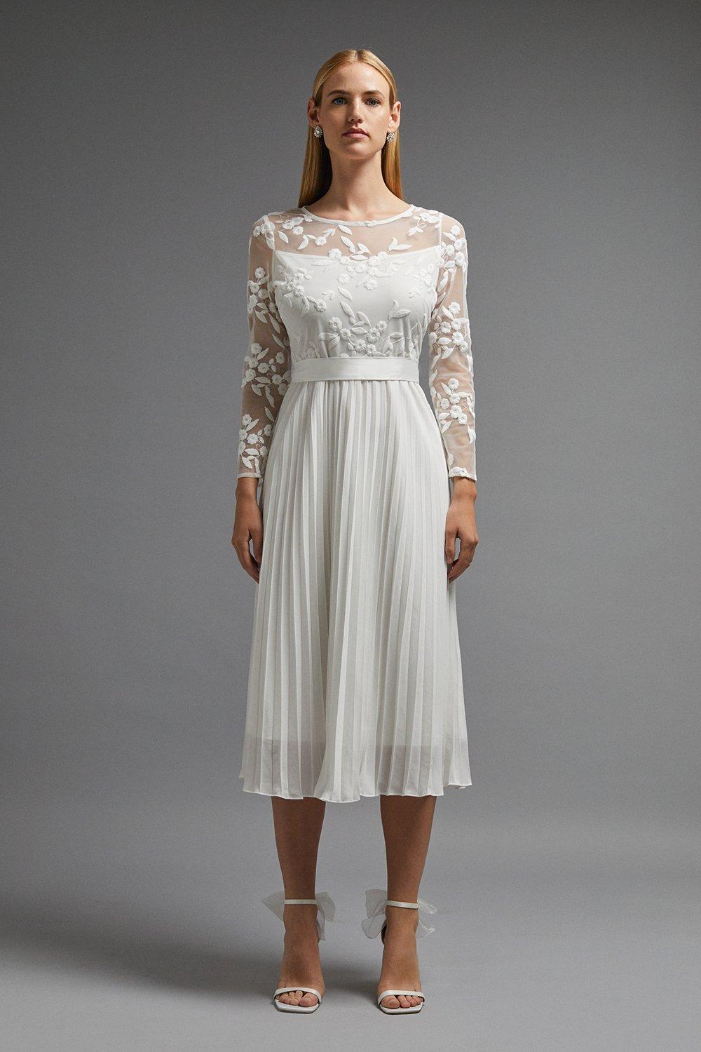 Embroidered Long Sleeve Midi Dress - Ivory
