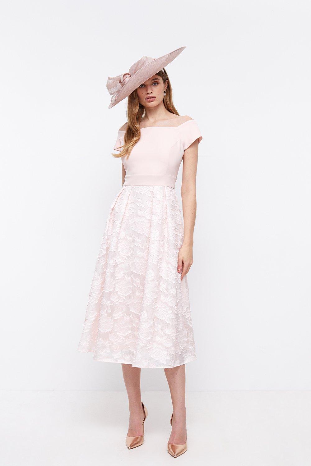 Bardot Clipped Jacquard Midi Bridesmaid Dress - Pink