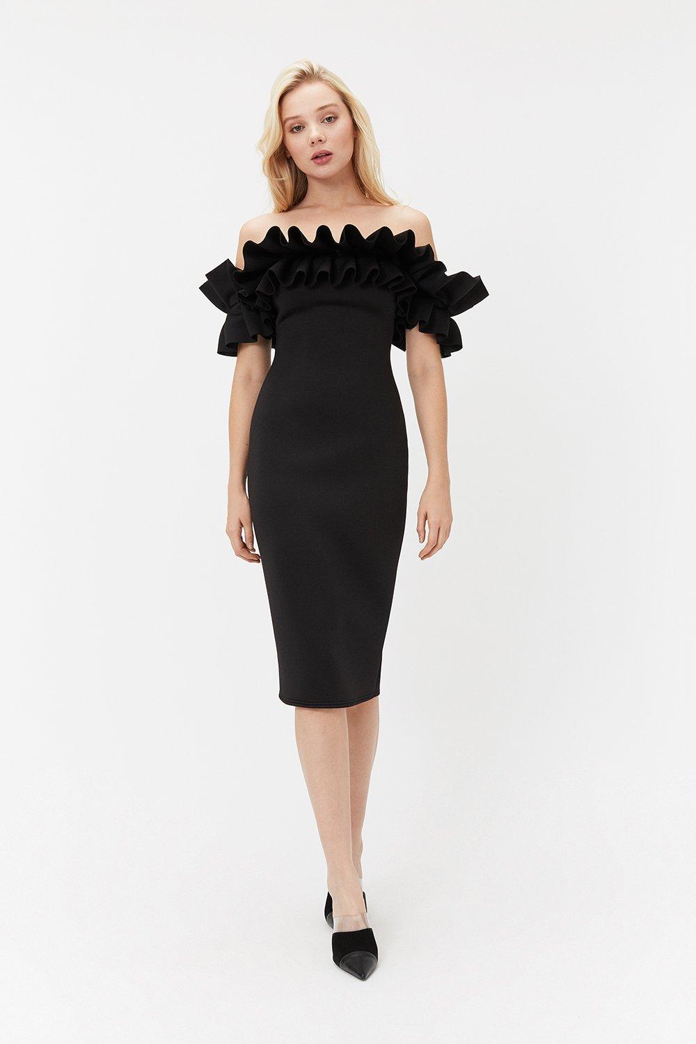 black ruffle bardot dress