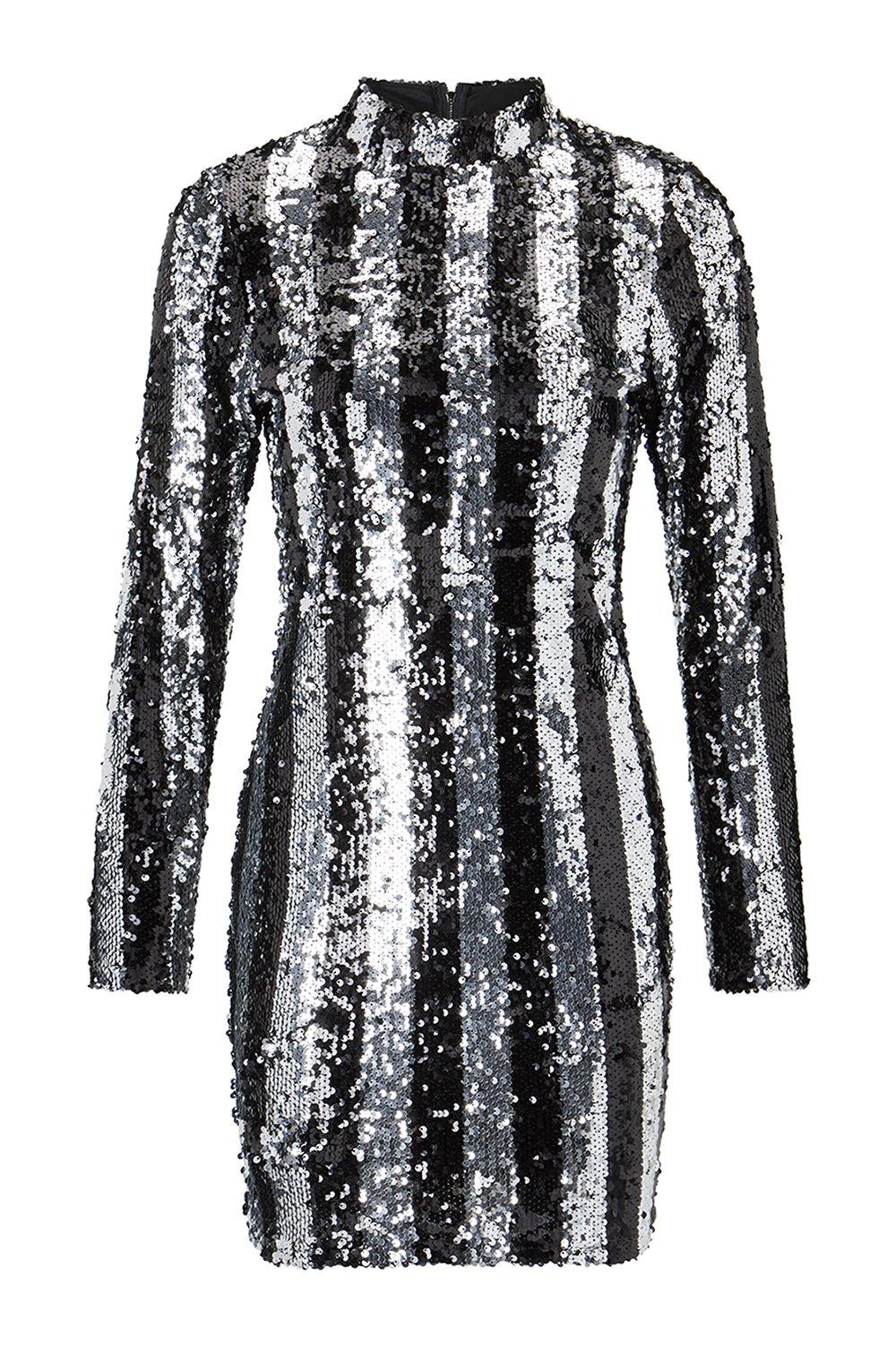 black and silver striped sequin dress