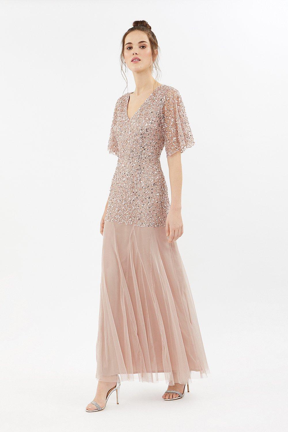 blush pink sequin lace maxi dress