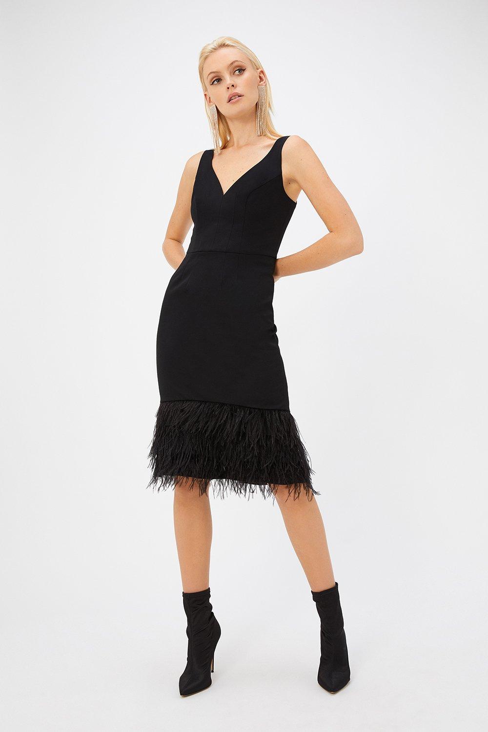 black dress with feather hem