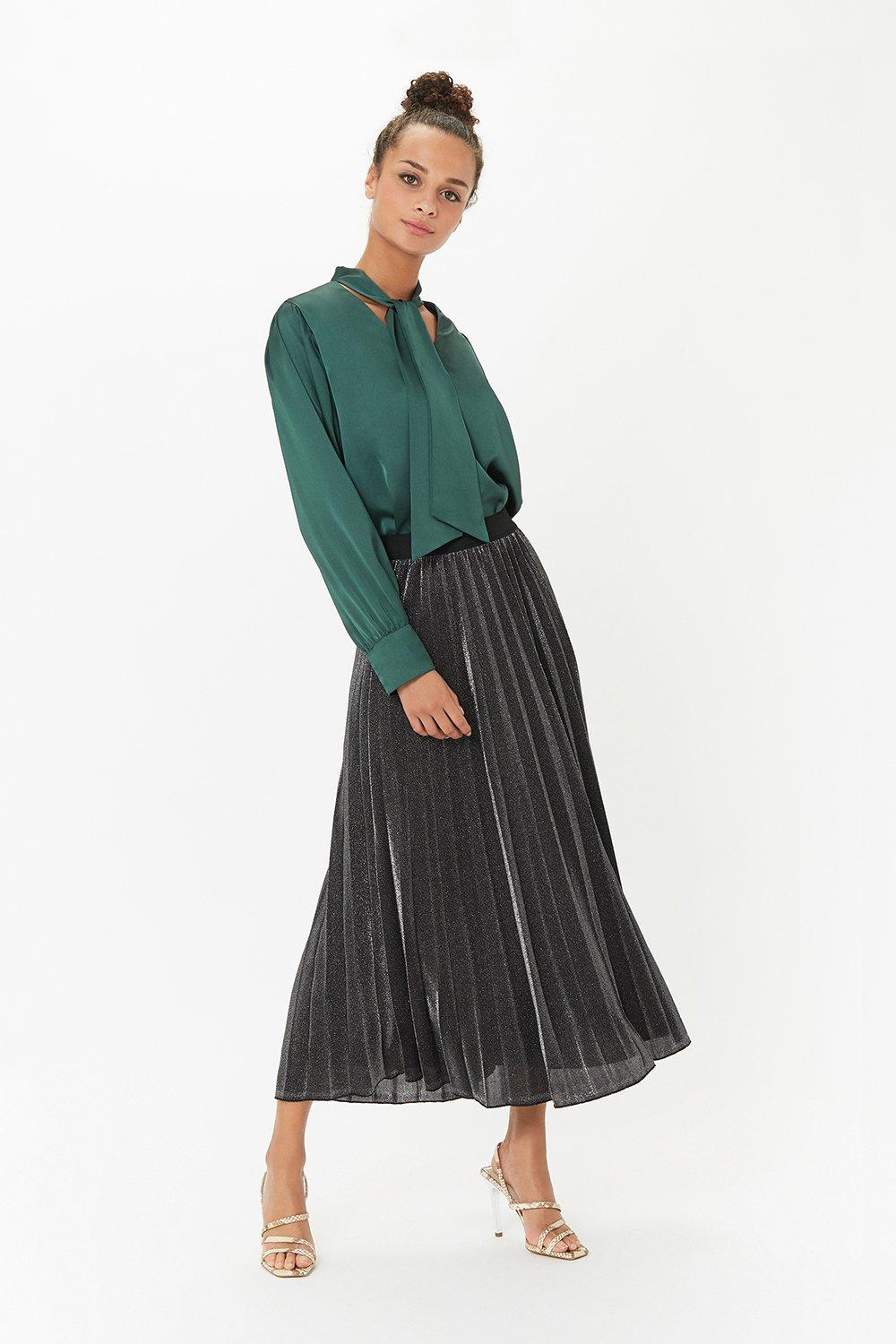 silver metallic pleated midi skirt