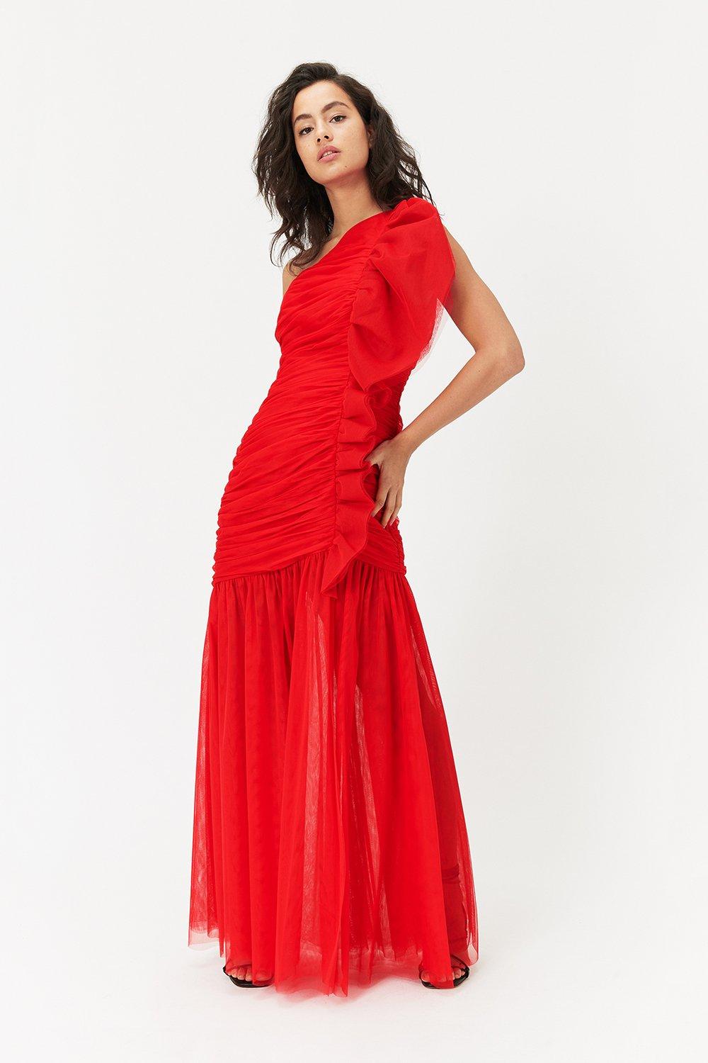 one shoulder ruched maxi dress