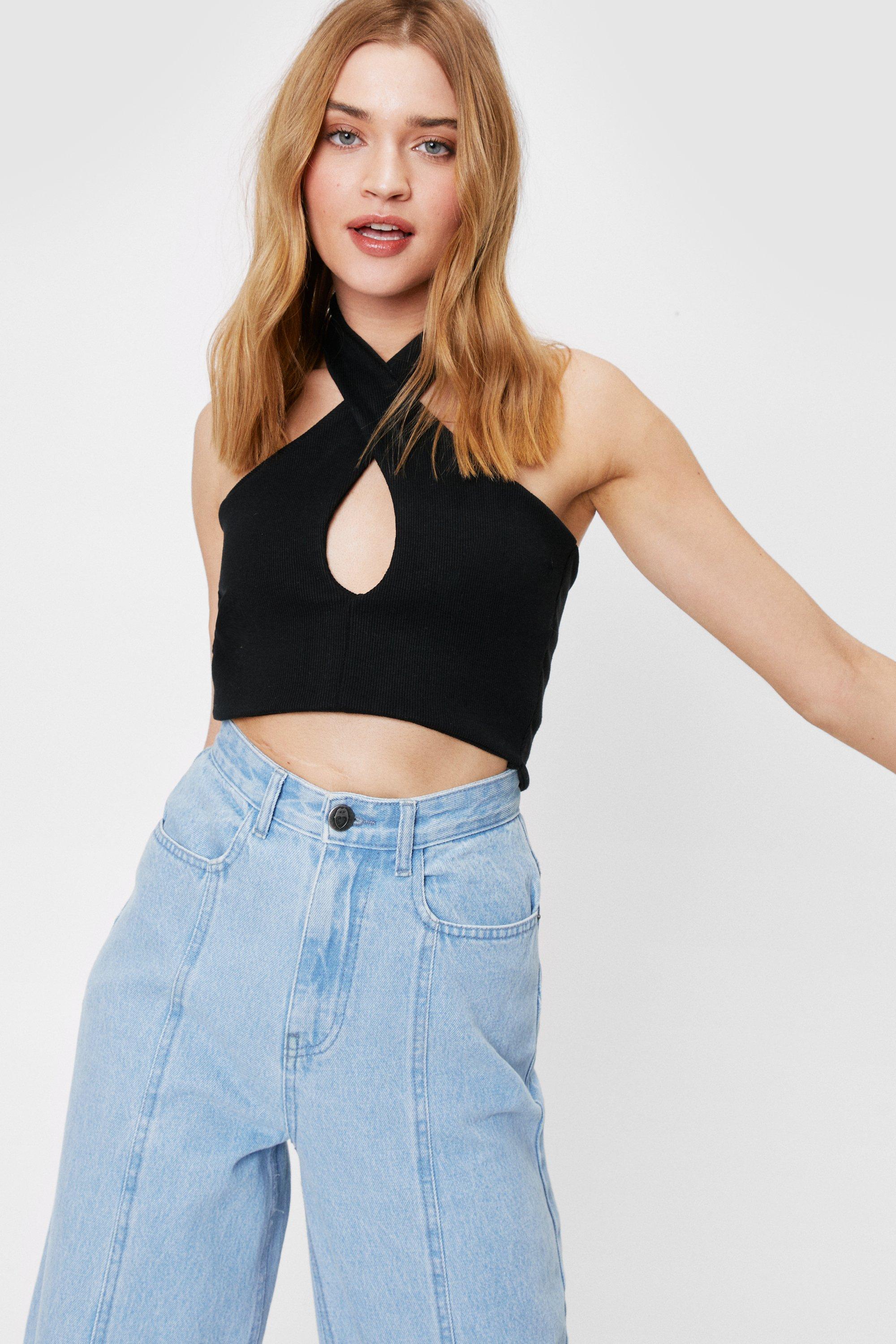 Crop Top Côtelé À Découpe Croisé À L'Avant Je Croise Que Ce Que Je Vois - Noir - 42, Noir