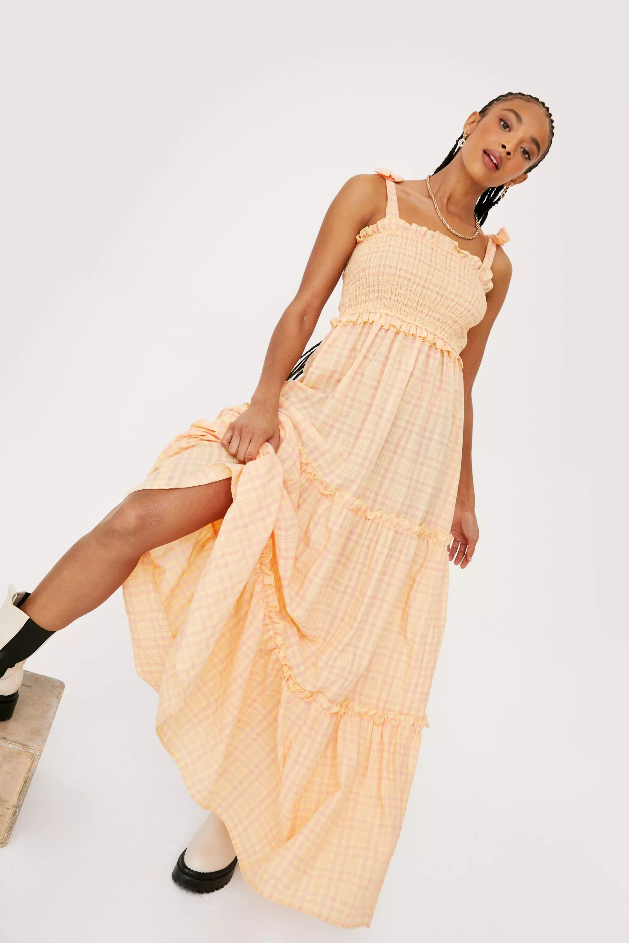 Shirred Check Print Tiered Maxi Dress | Nasty Gal