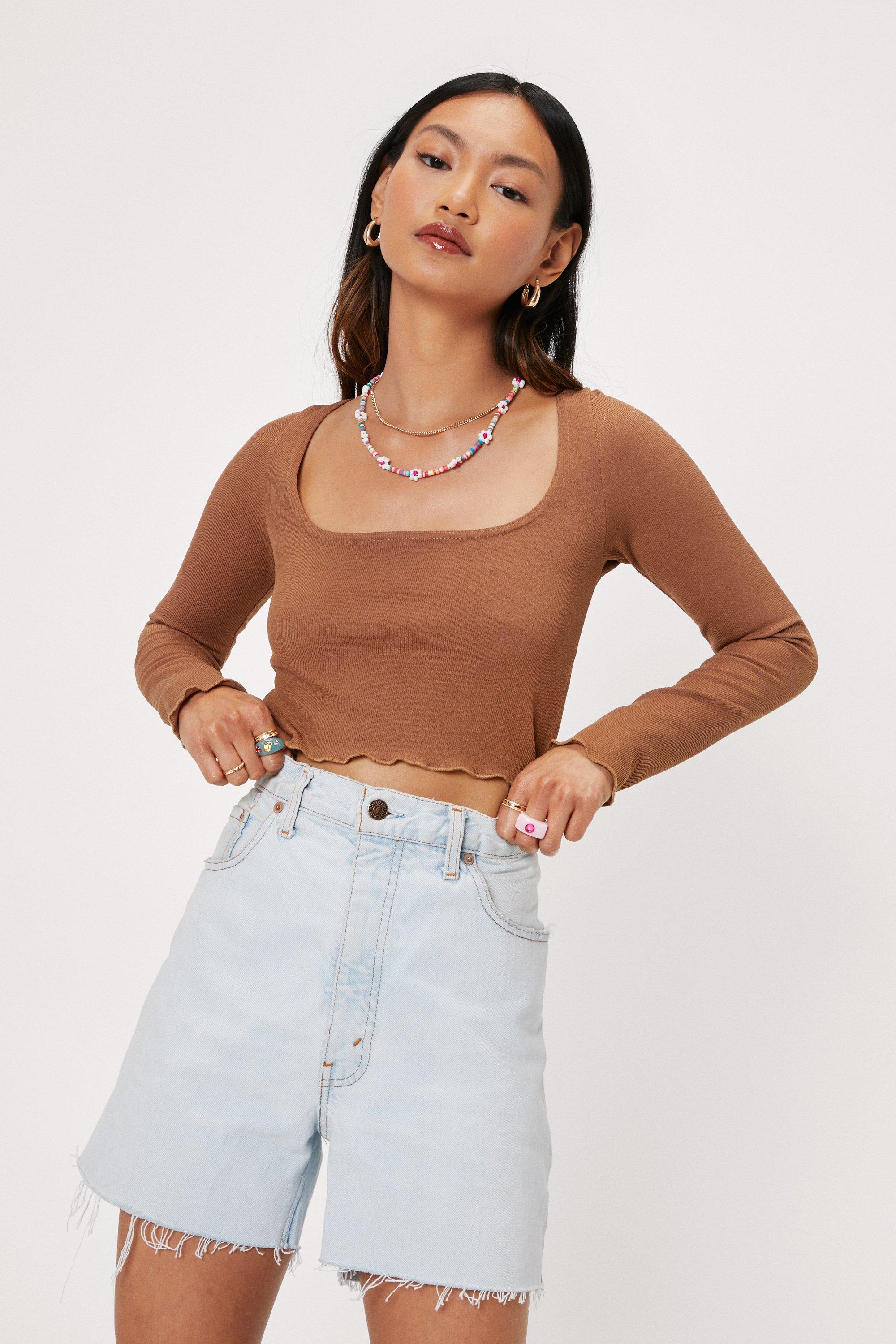 Petite Square Neck Long Sleeve Crop Top - Marron - 8, Marron