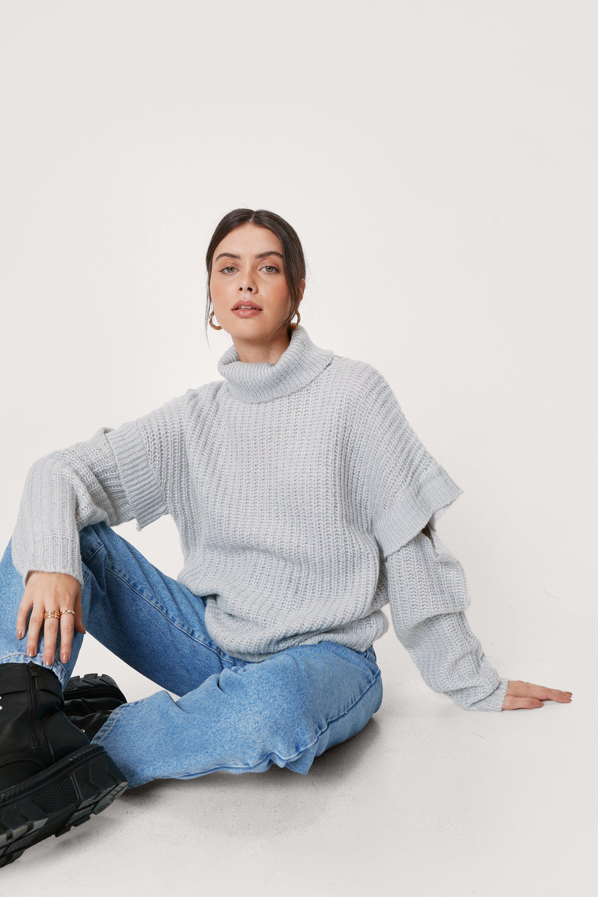 Pull Ample En Maille À Col Roulé Et Découpes - Gris - S, Gris