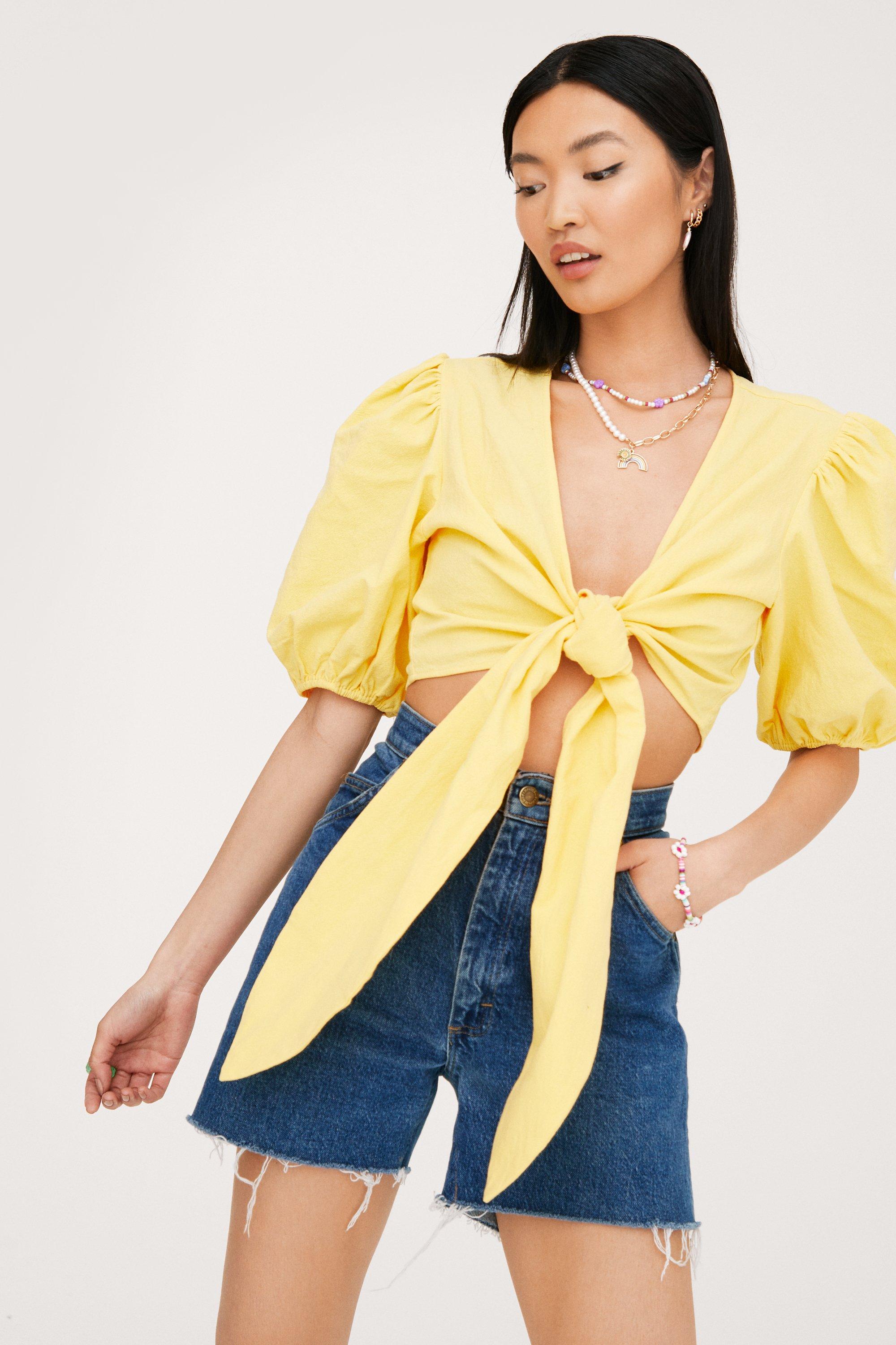 Crop Top En Lin À Manches Bouffantes Et Attaches - Jaune - 32, Jaune