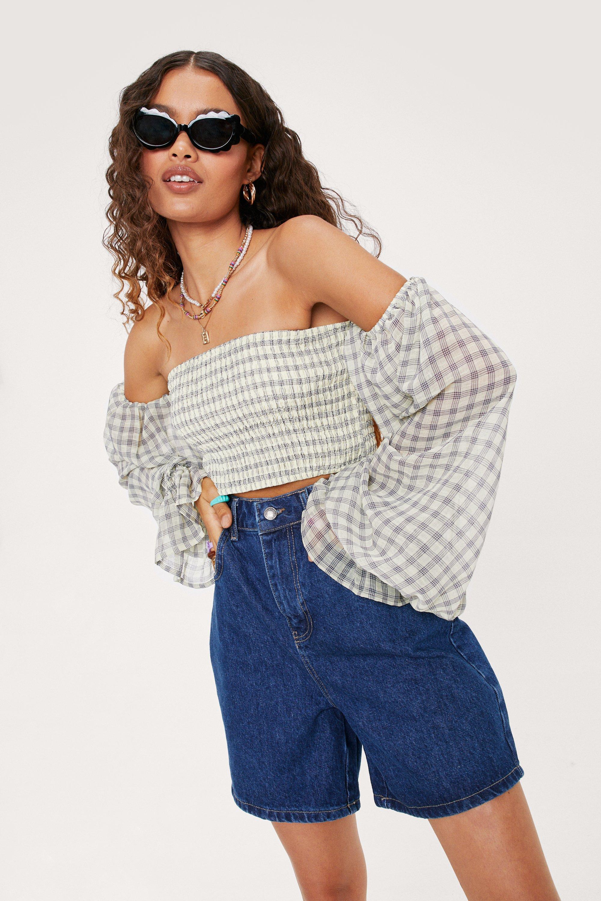 Petite - Crop Top Froncé À Manches Bouffantes Et Imprimé Carreaux - Vert - 40, Vert