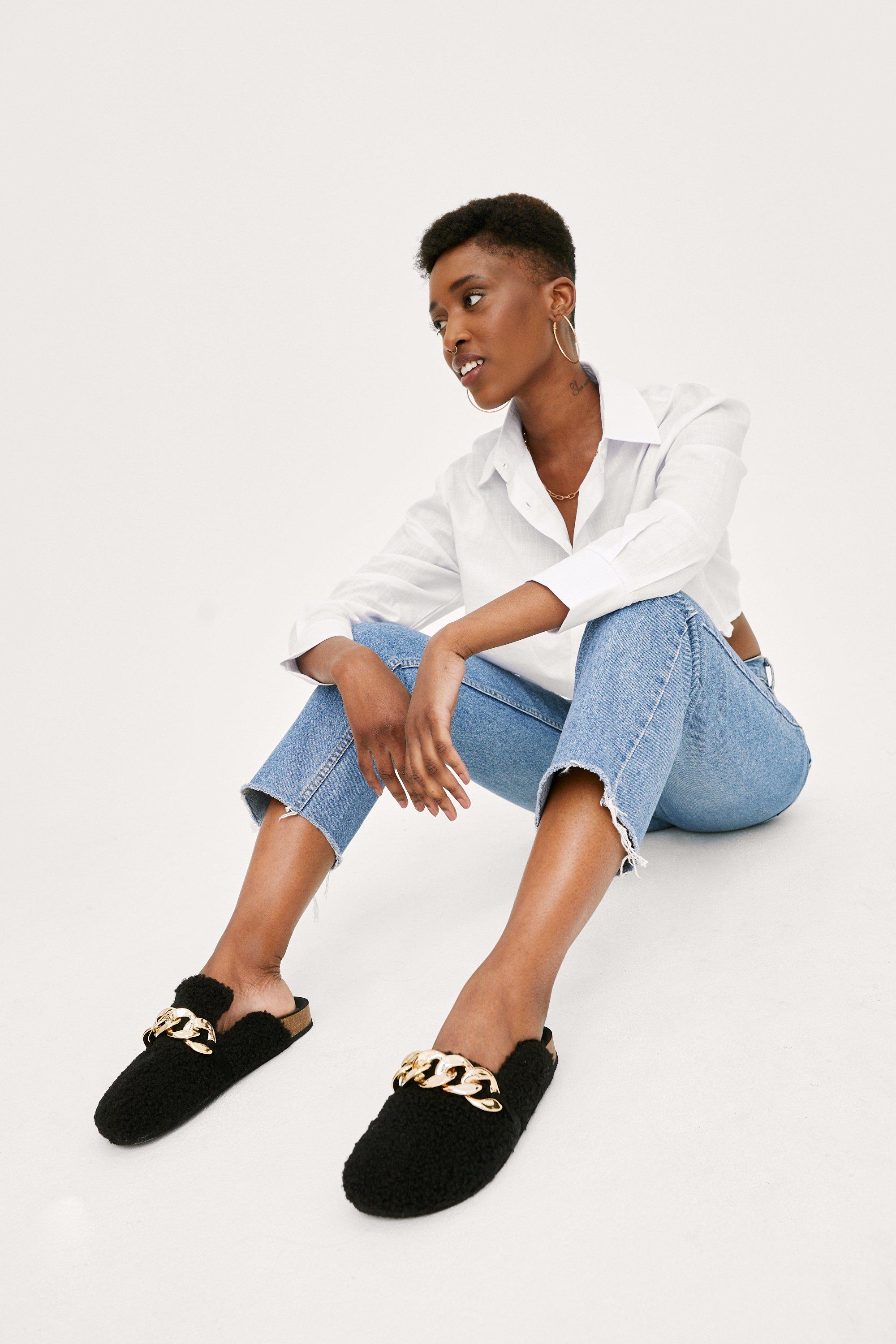 Mules Style Moccassins En Fausse Fourrure À Détail Chaîne - Noir - 36, Noir