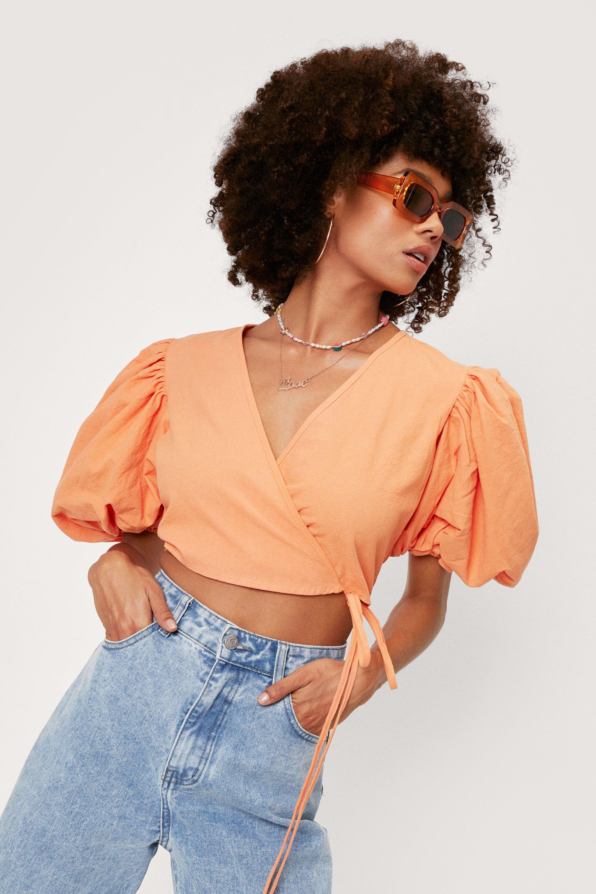 Crop Top Cache-Cœur Effet Lin À Manches Bouffantes - Orange - 32, Orange