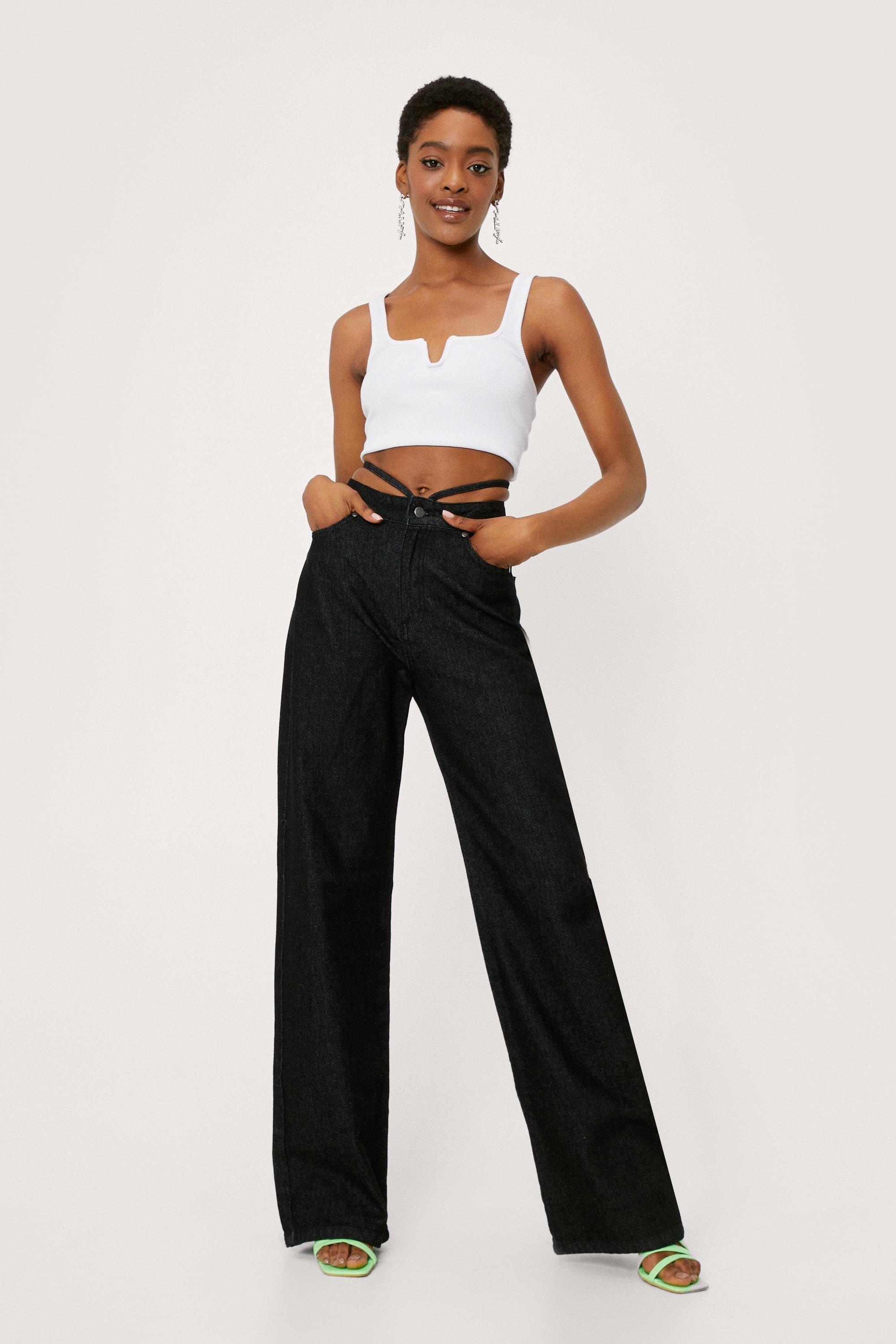 Strappy Waist High Waisted Wide Leg Jeans