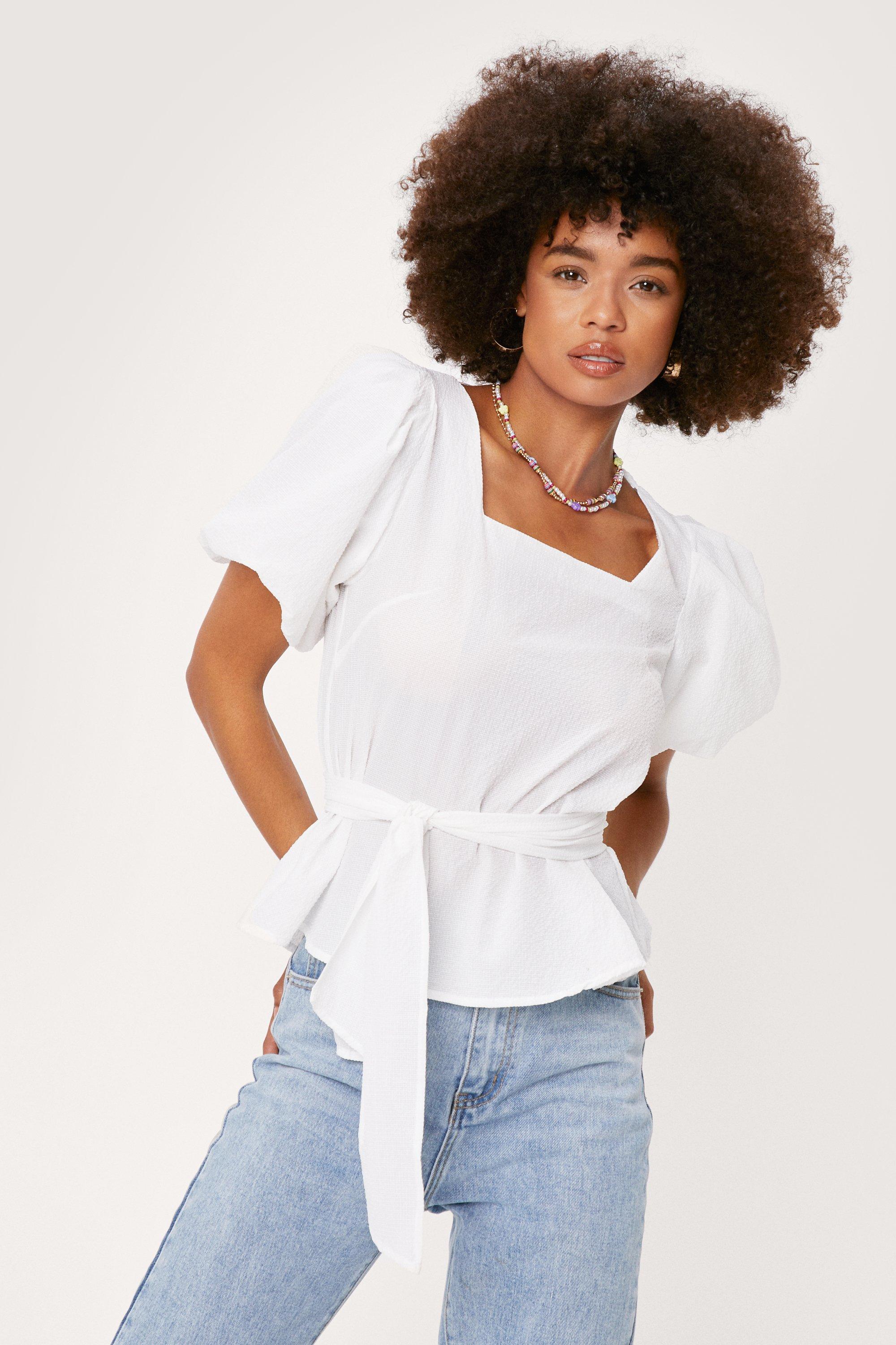 Blouse Ceinturée À Manches Bouffantes Et Petits Carreaux - Blanc - S, Blanc