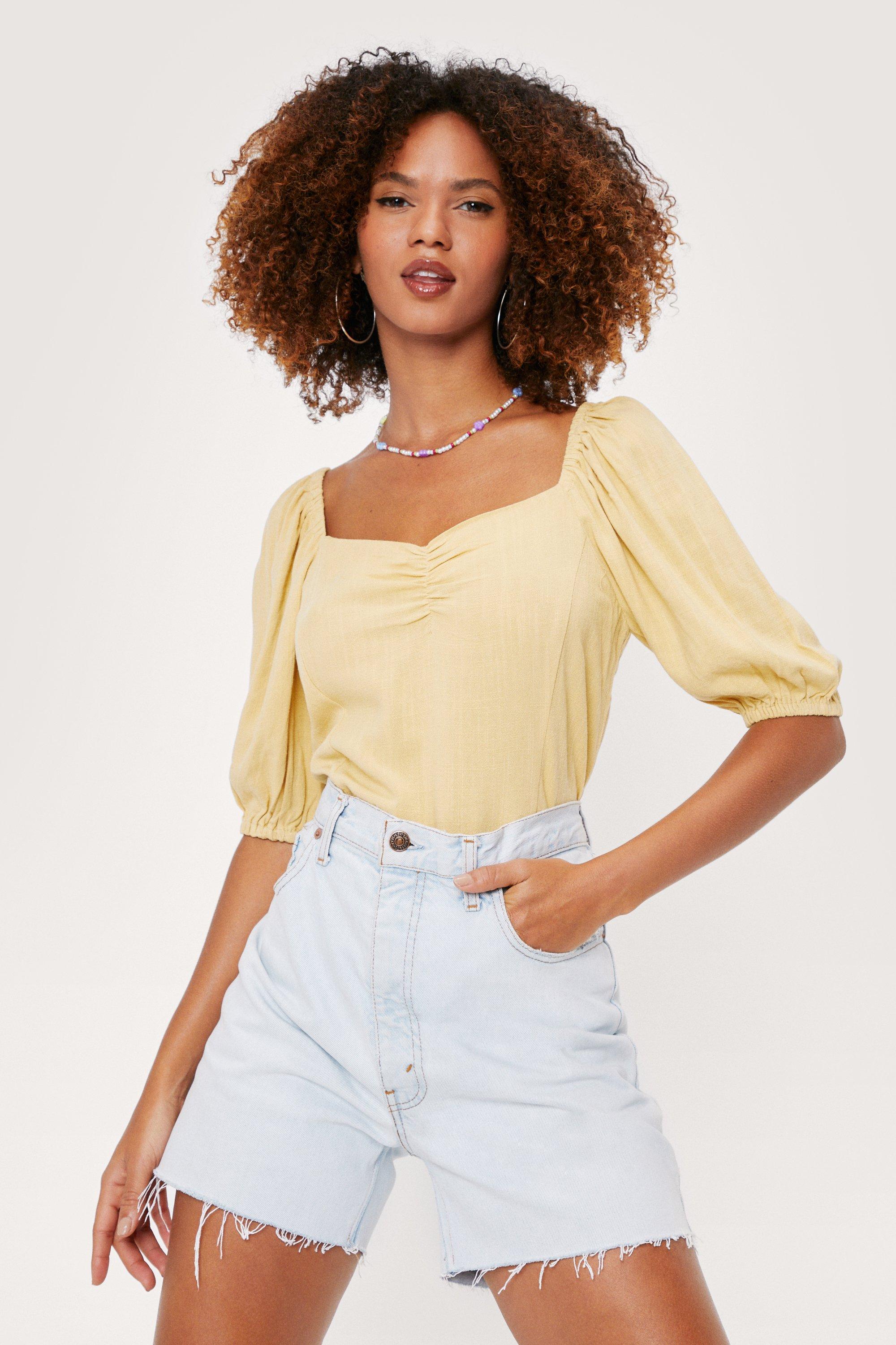 Blouse Froncée Effet Lin À Manches Bouffantes Et Petit Col V - Jaune - L, Jaune