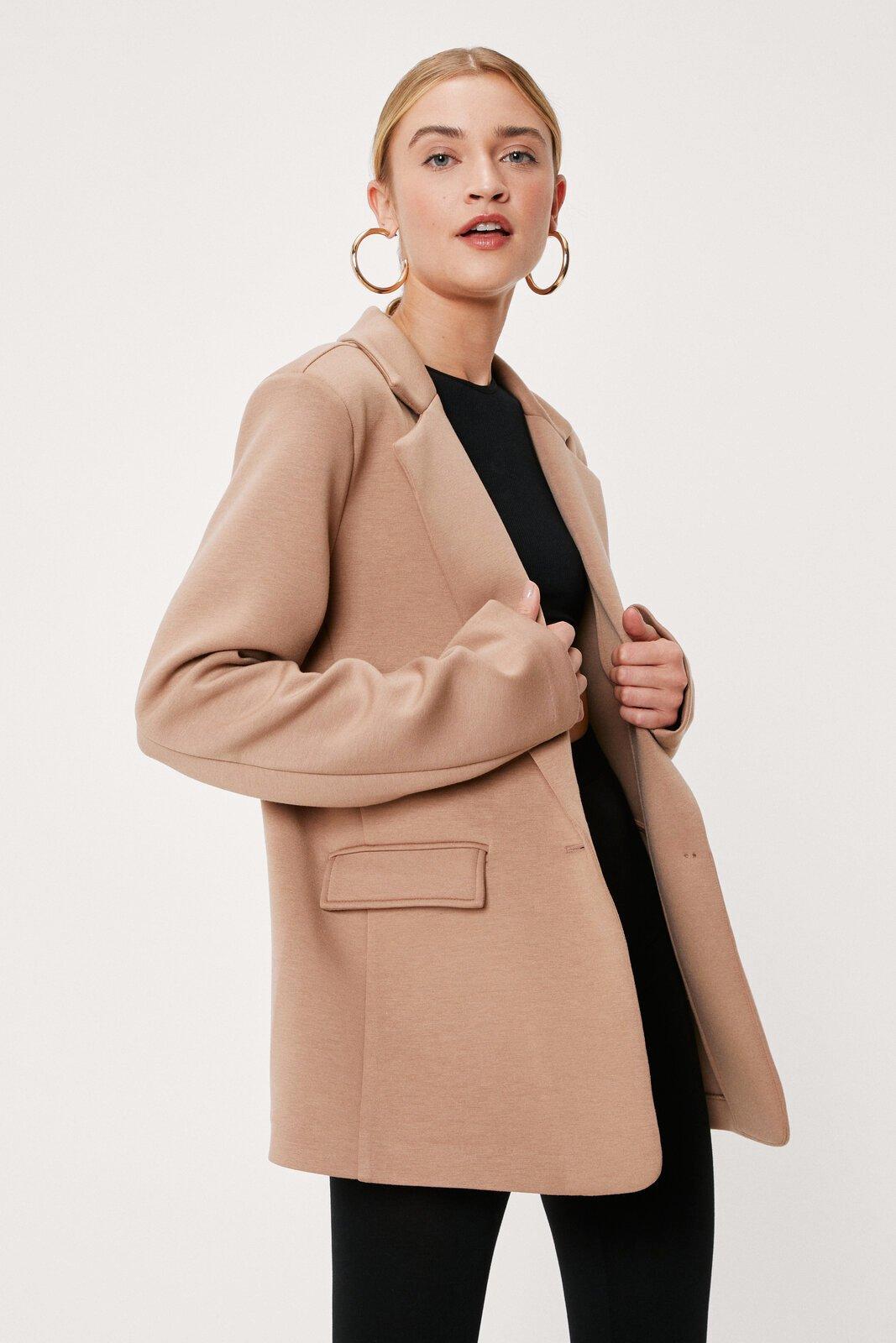 Neoprene Tailored Oversized Front Pocket Blazer - Beige - 6, Beige