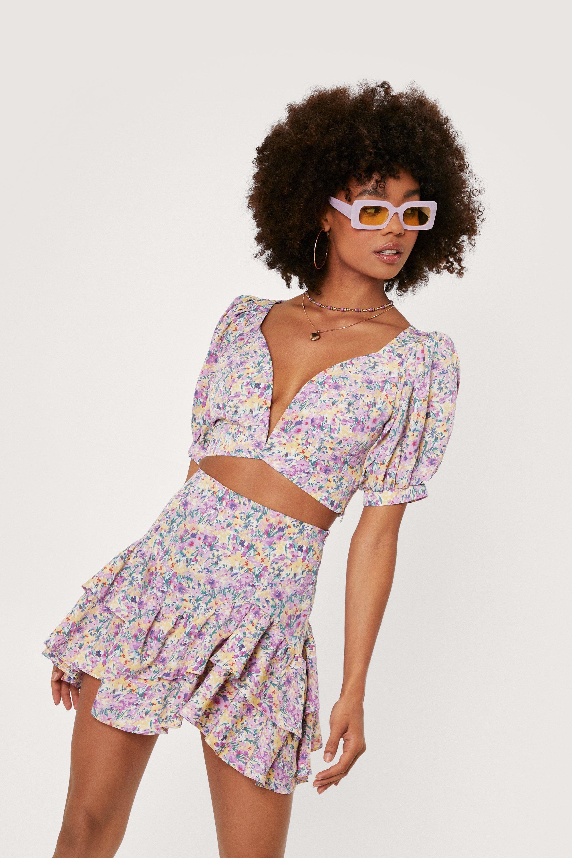 Crop Top À Manches Courtes Et Imprimé Fleuri - Violet - L, Violet