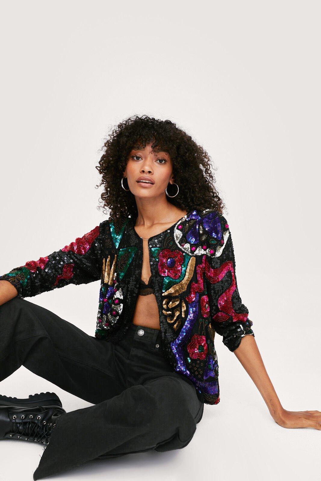 Vintage - Veste Ample À Sequins Colorés Et Perles - Noir - S/M, Noir