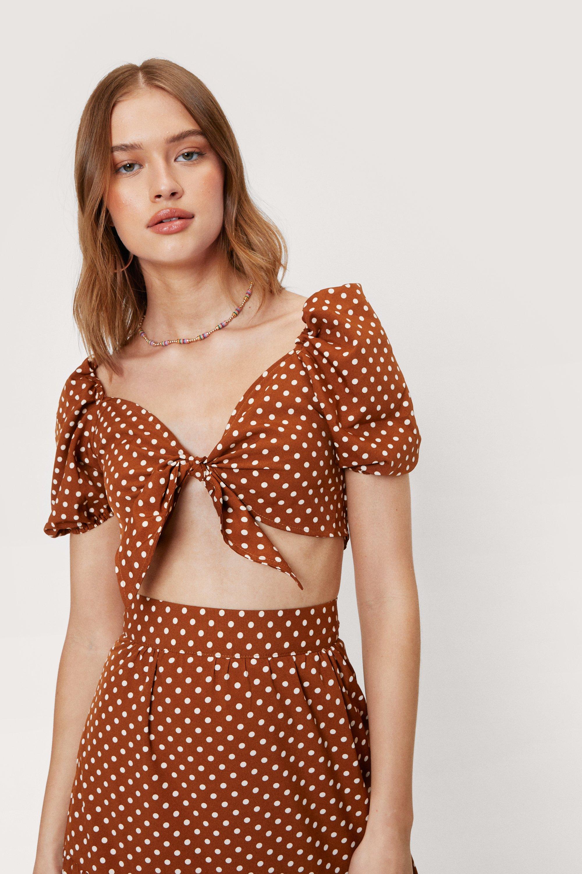 Crop Top À Manches Bouffantes Et Imprimé Pois - Marron - 36, Marron