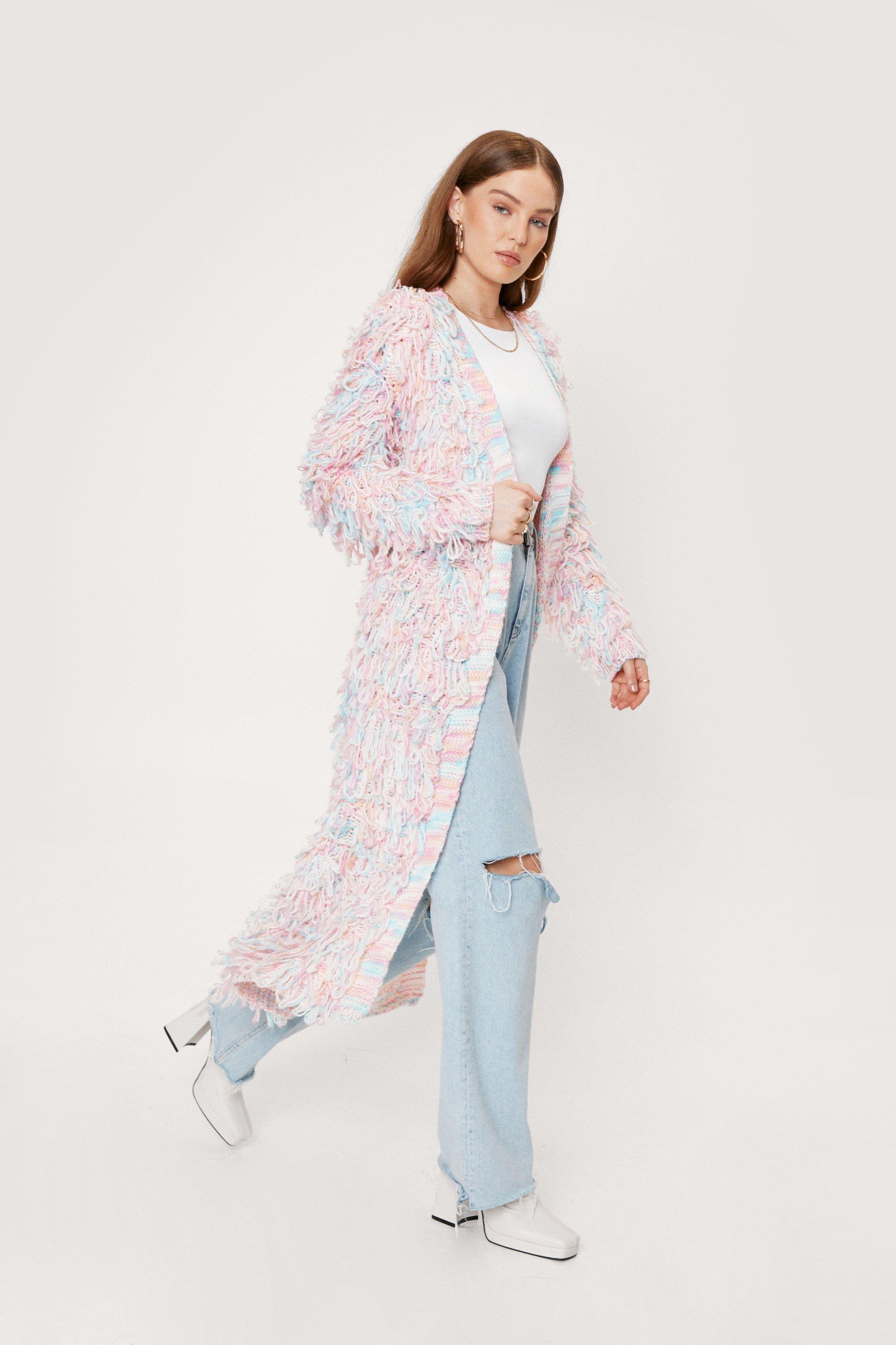 Gilet Long Poilu En Maille À Détails Bouclés - Blanc - S, Blanc