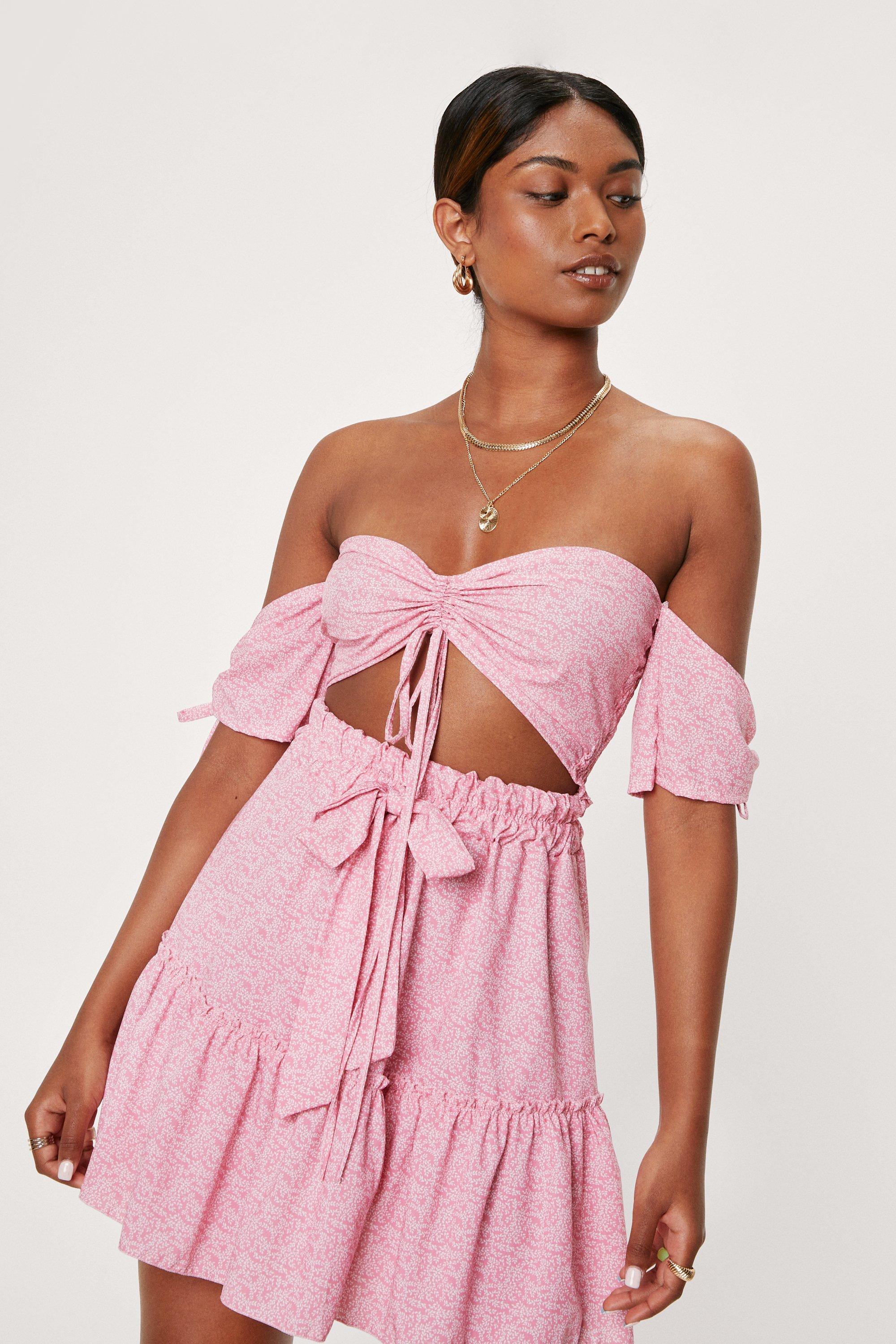 Haut Froncé À Épaules Dénudées Et Imprimé Fleuri - Rose - 32, Rose