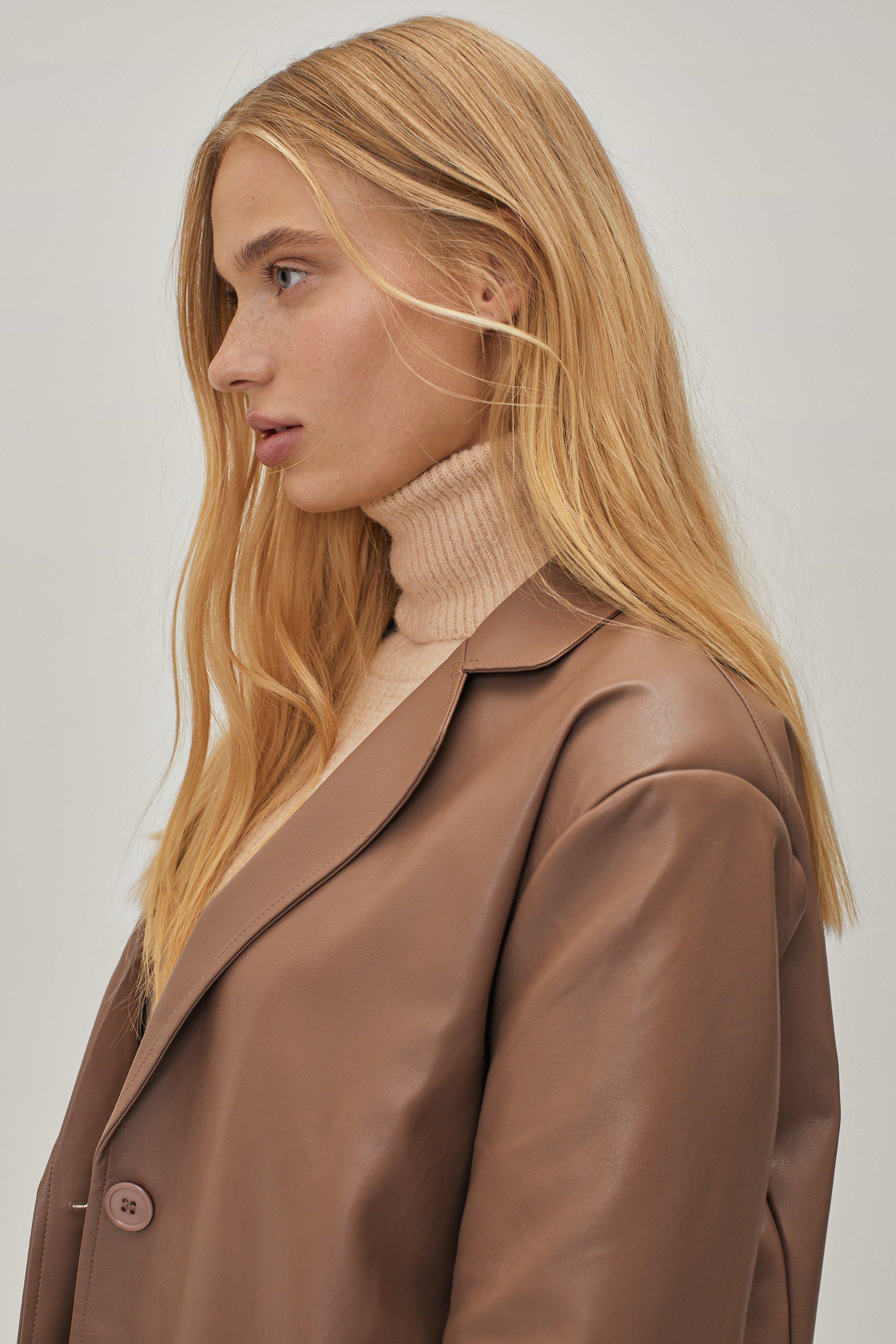 Petite - Blazer Oversize En Similicuir À Revers Crantés - Marron - 32, Marron