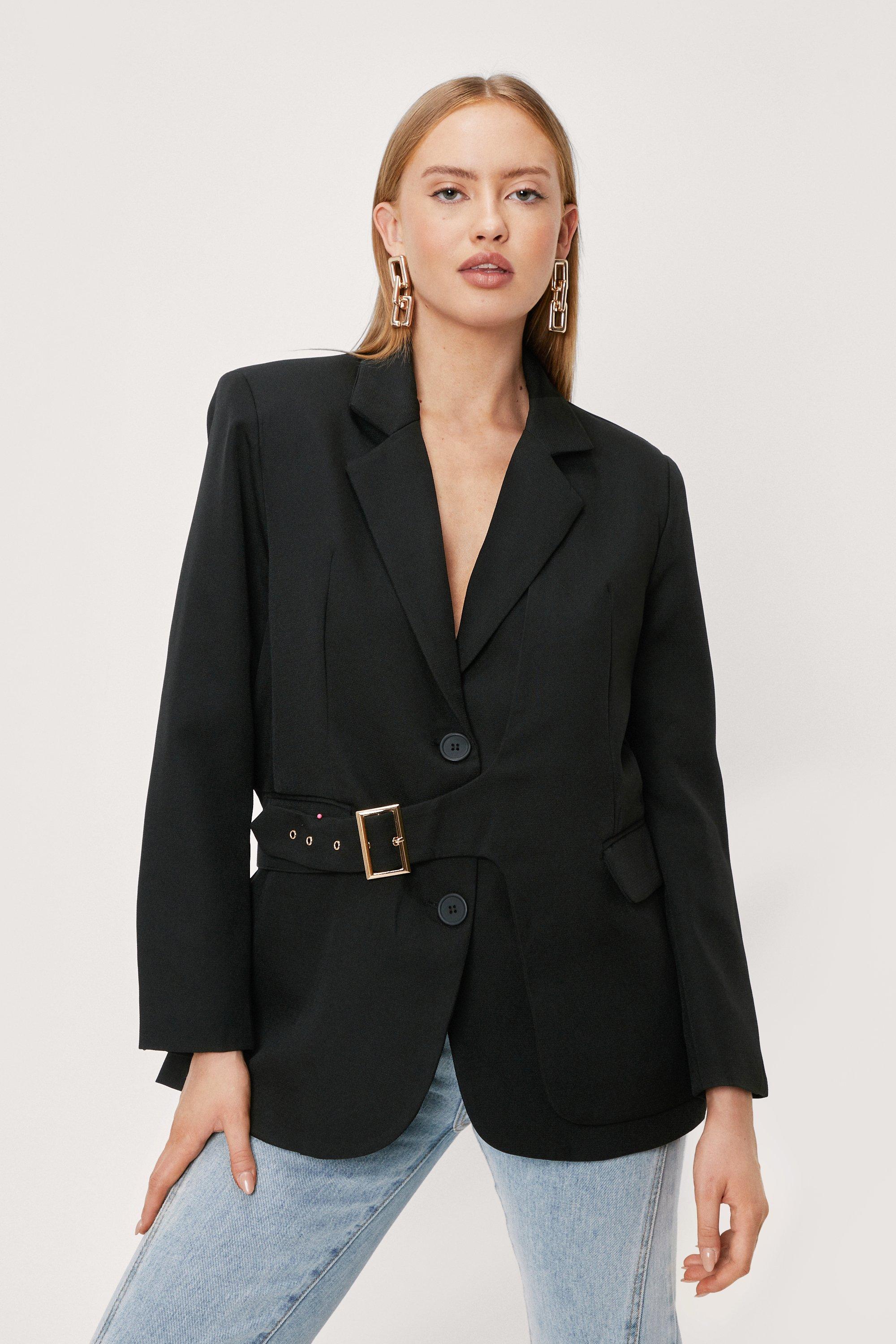 Blazer Style Portefeuille À Revers Crantés Et Détail Ceinture - Noir - Xs, Noir