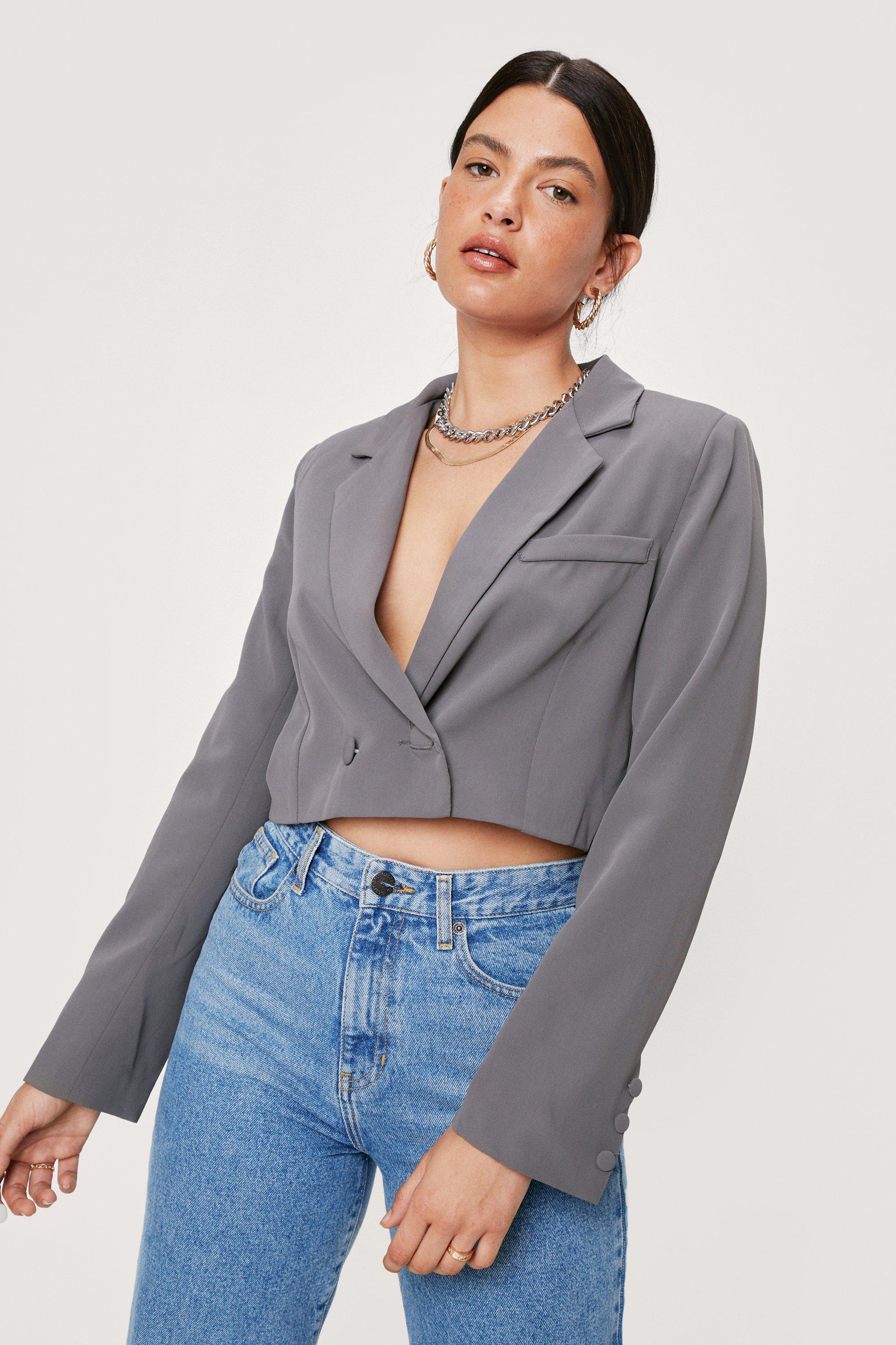 Blazer Court À Revers Crantés Et Poche - Gris - L, Gris