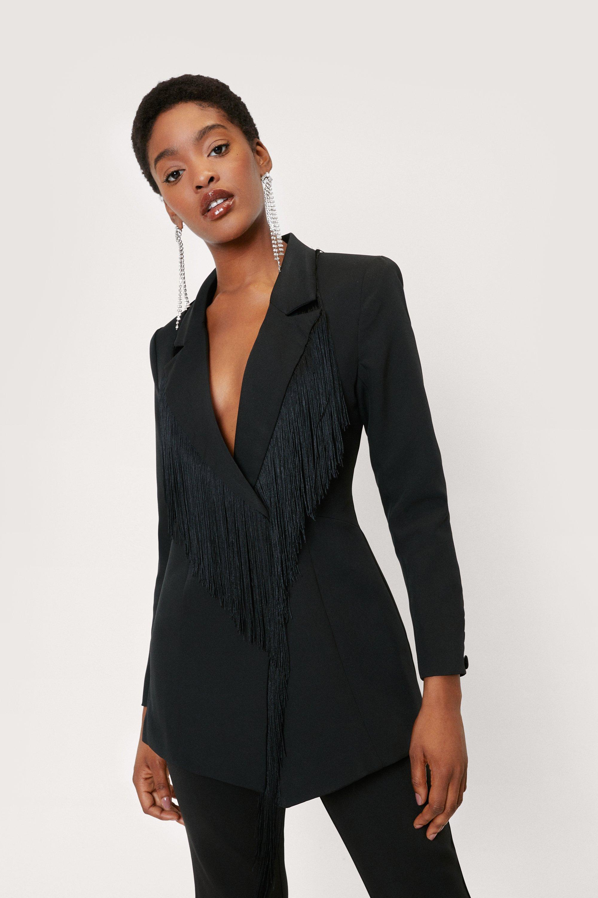 Blazer De Costume Cintré À Épaulettes Et Franges - Noir - 34, Noir