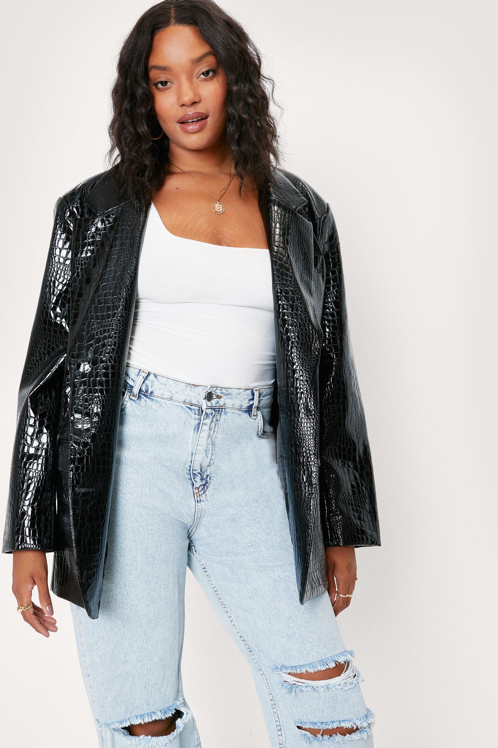 Grande Taille - Blazer Oversize En Similicuir Effet Croco - Noir - 44, Noir