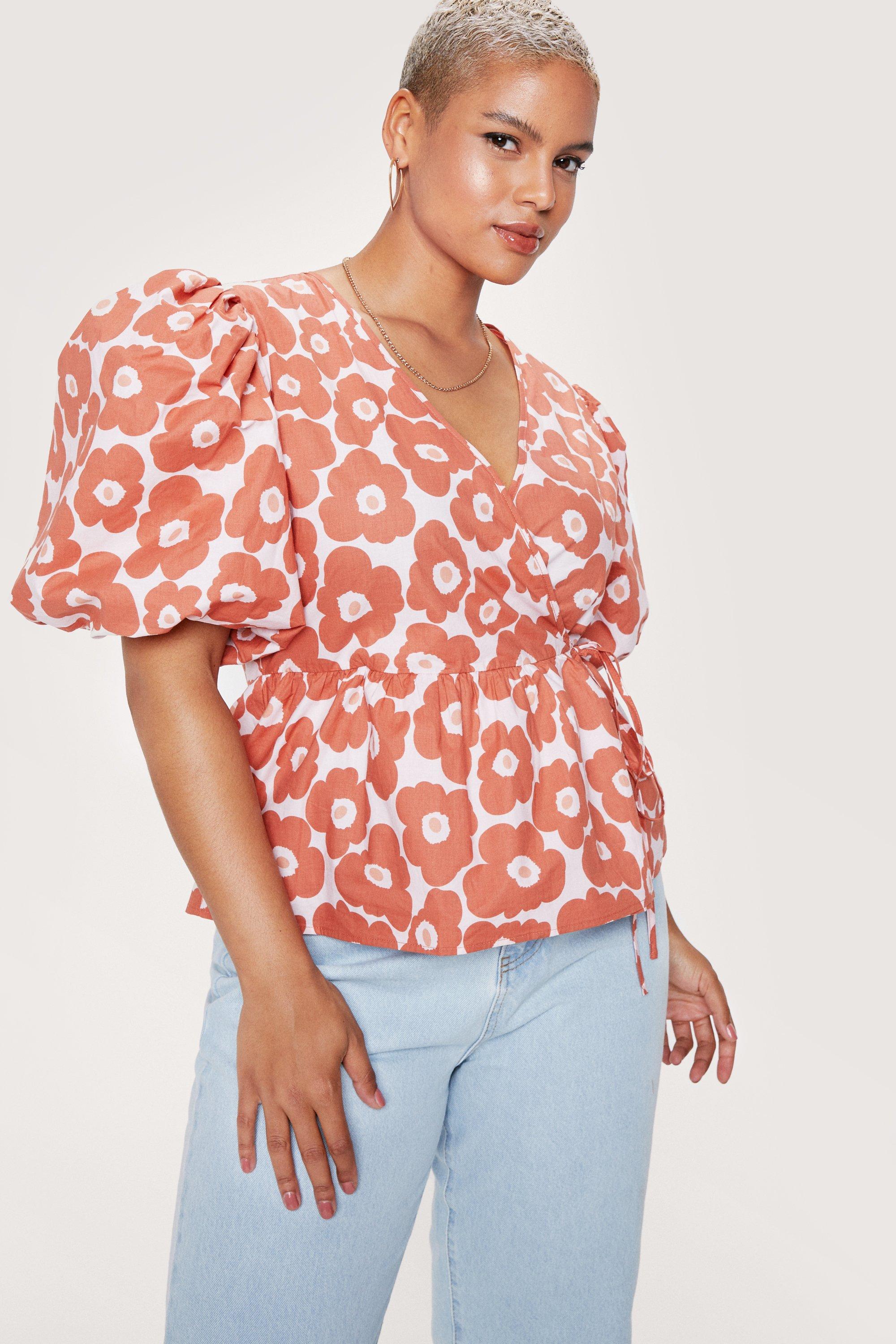 Grande Taille - Top Cache-Cœur À Manches Bouffantes Et Imprimé Fleuri - Rouge - 50, Rouge
