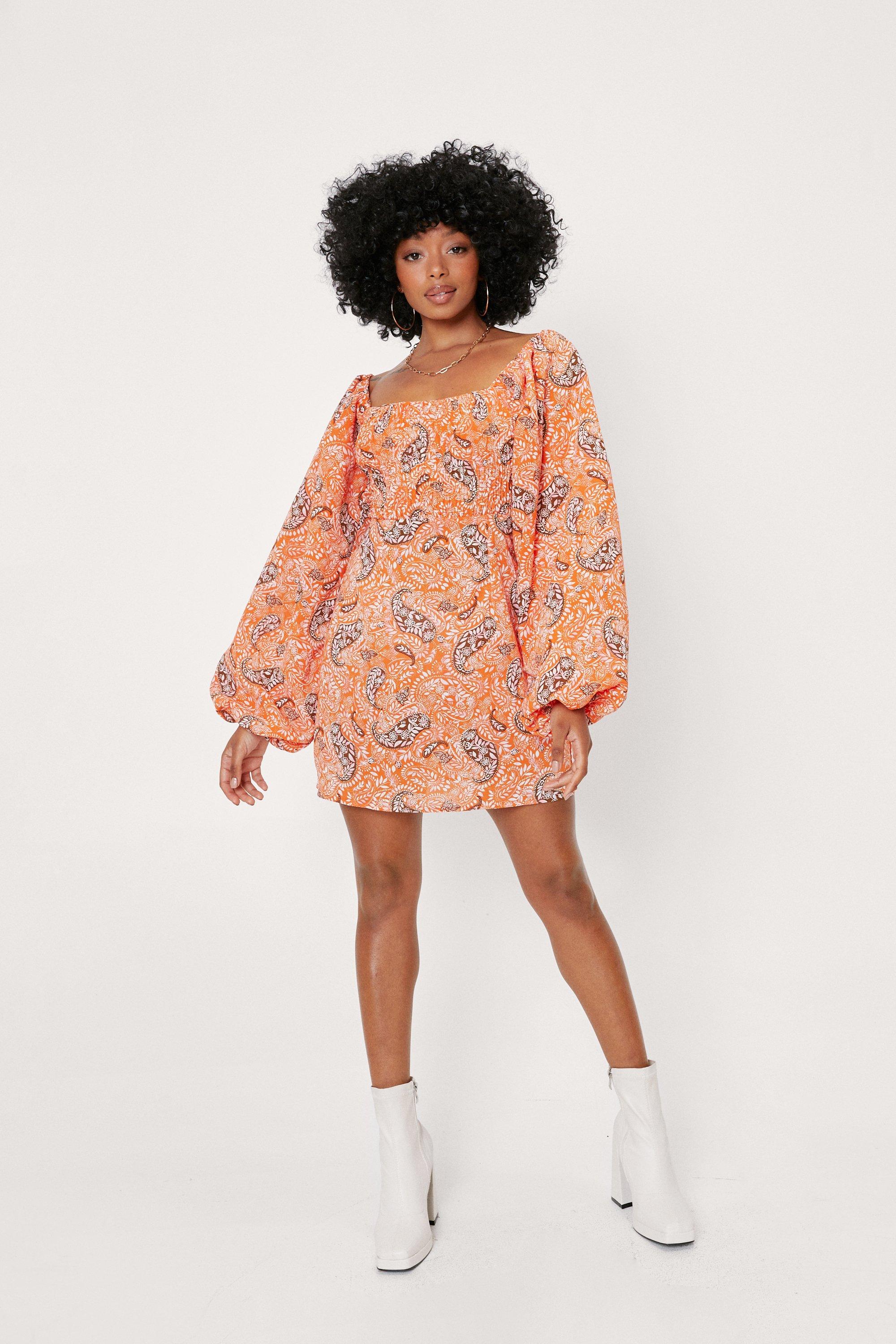 70s Outfits – 70s Style Ideas for Women Womens Petite Paisley Puff Sleeve Mini Dress - Orange - 10 $24.00 AT vintagedancer.com