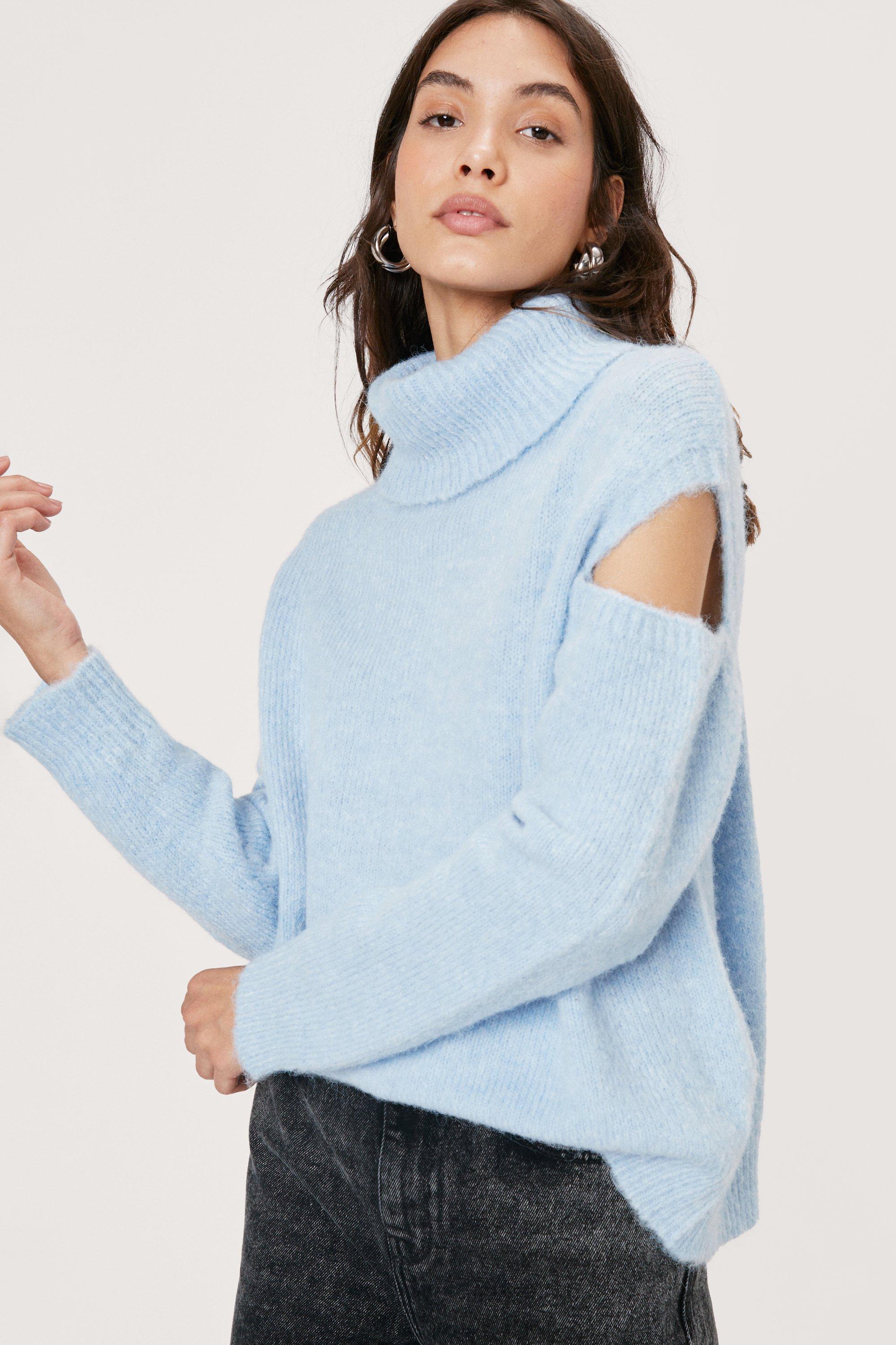 Pull Ample En Maille À Col Roulé & Découpes - Bleu - L, Bleu