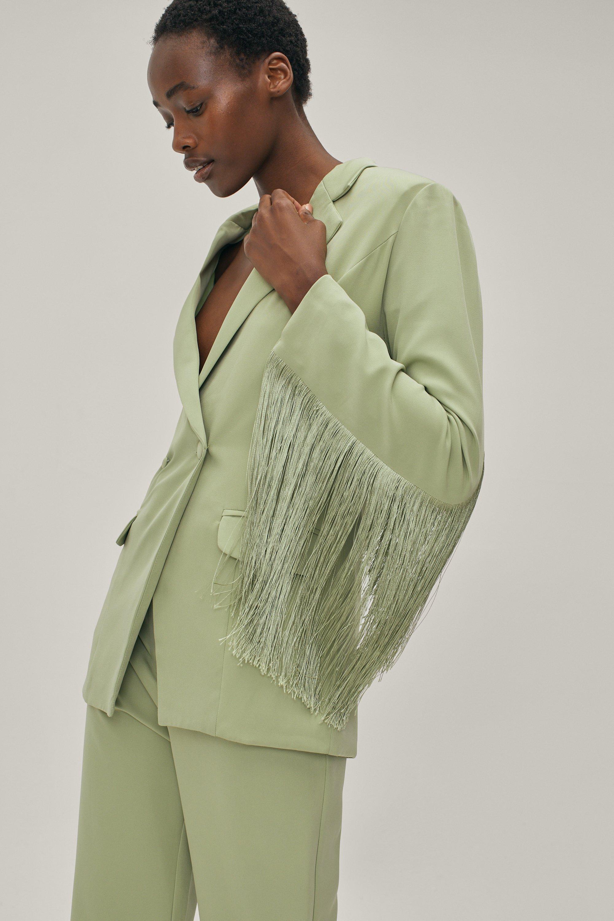 Fringe Detail Tailored Longline Blazer - Vert - 4, Vert