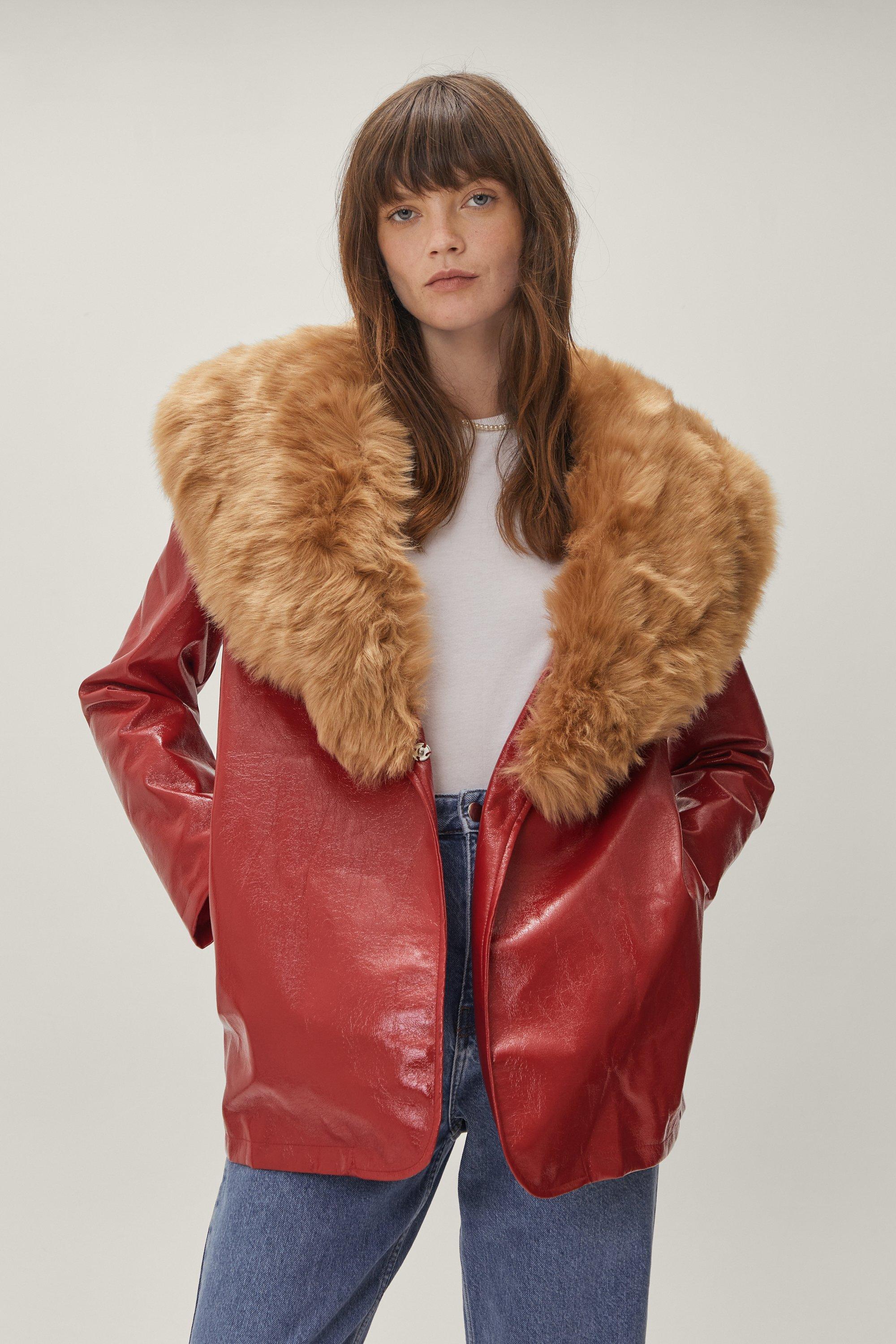 Veste En Similicuir À Col En Fausse Fourrure Contrastante - Rouge - 32, Rouge