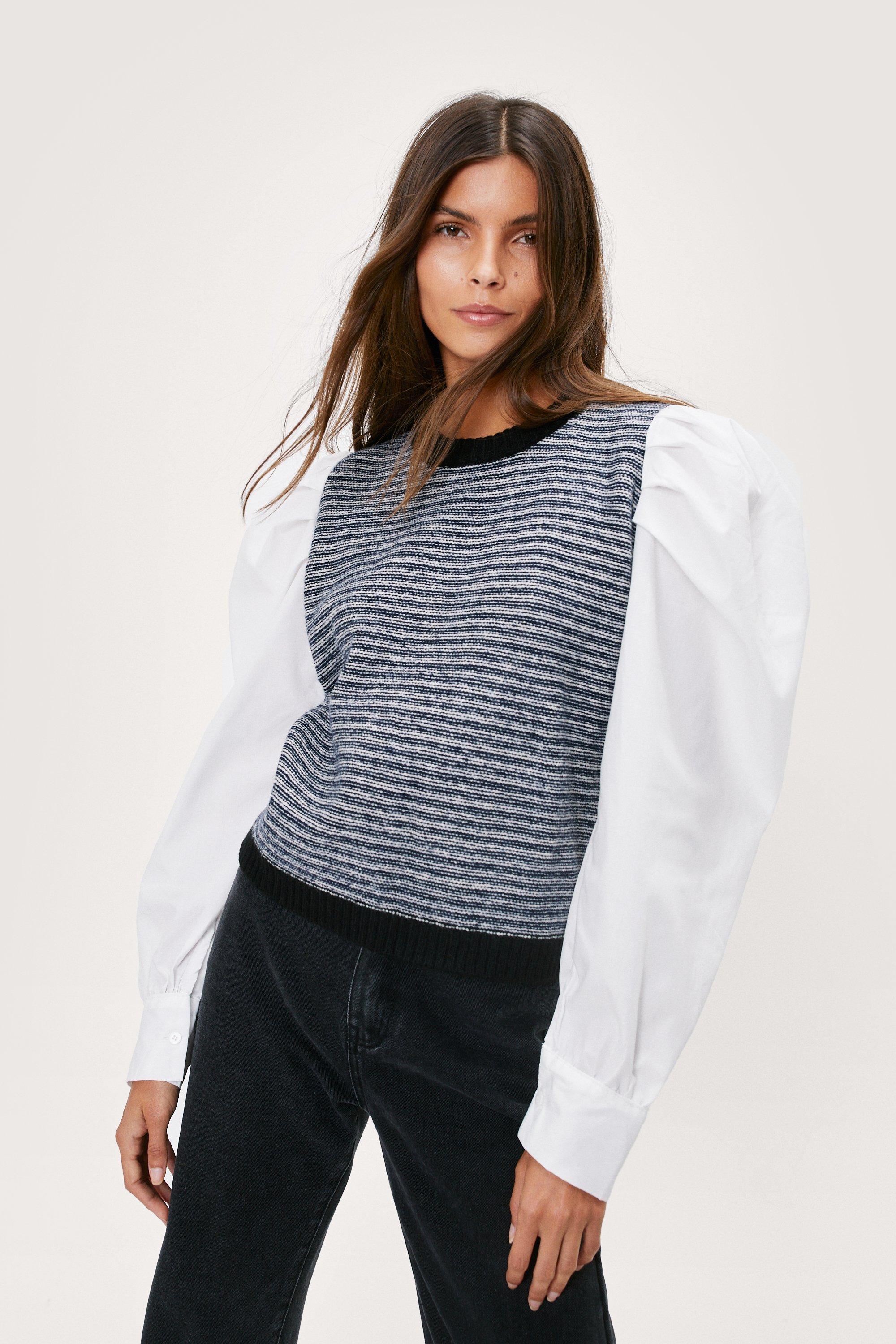 Pull À Rayures En Popeline À Manches Bouffantes - Noir - S, Noir