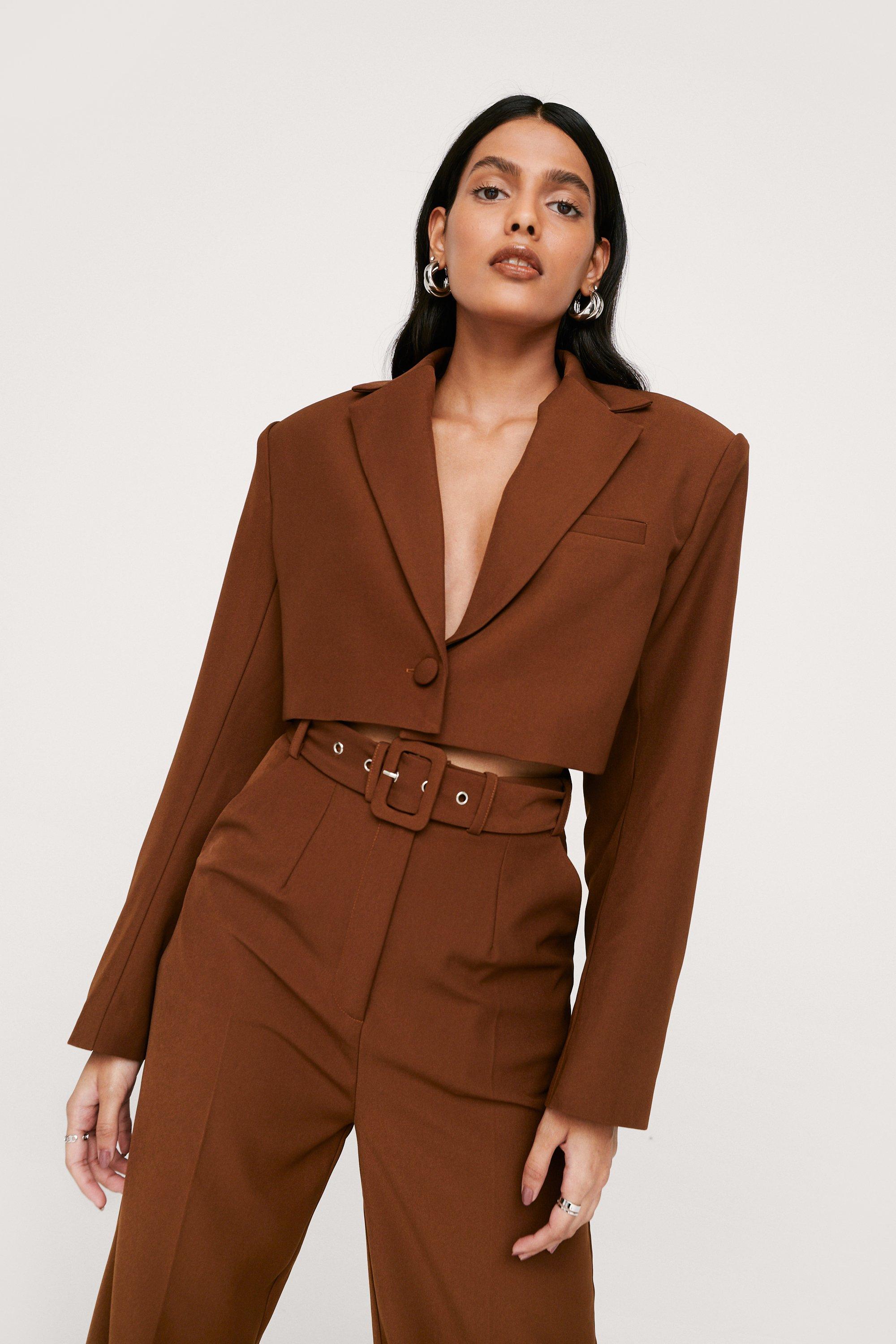 Blazer De Tailleur Court À Épaules Rembourrées - Marron - 42, Marron