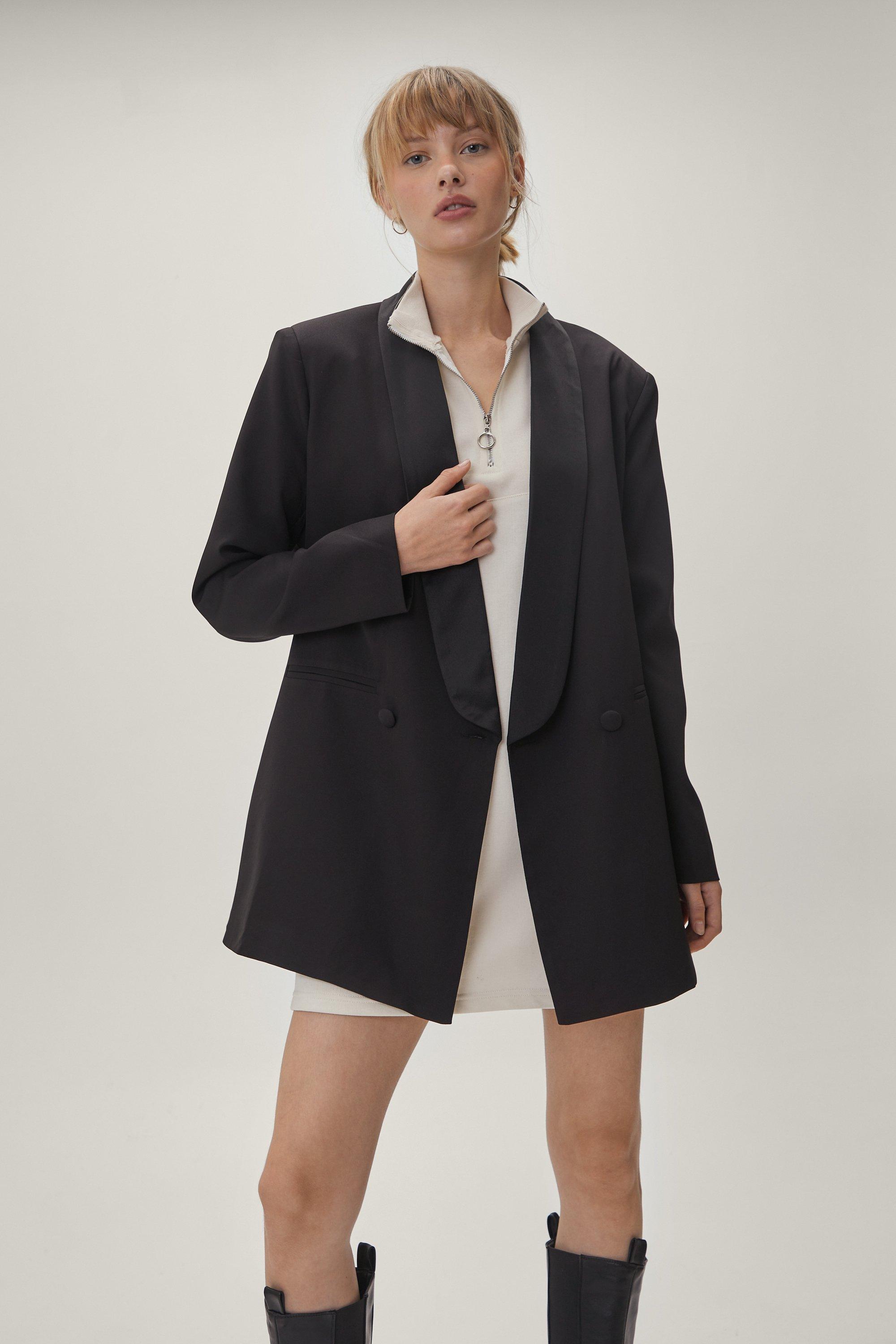 Blazer Oversize À Revers Satiné - Noir - 32, Noir