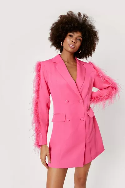Feather Sleeve Double Breasted Blazer Dress