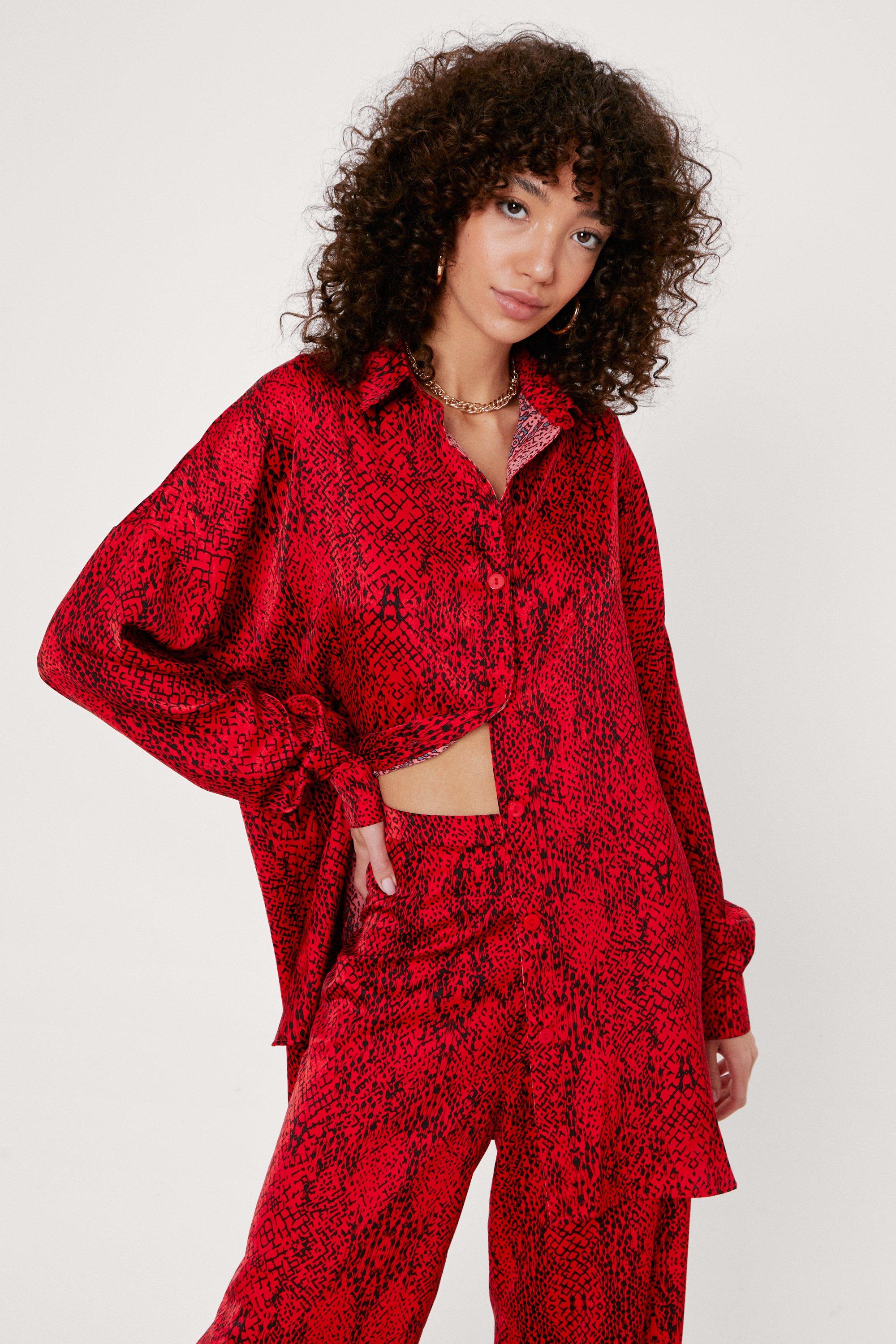 Chemise Oversize Satinée À Imprimé Serpent - Rouge - 34, Rouge
