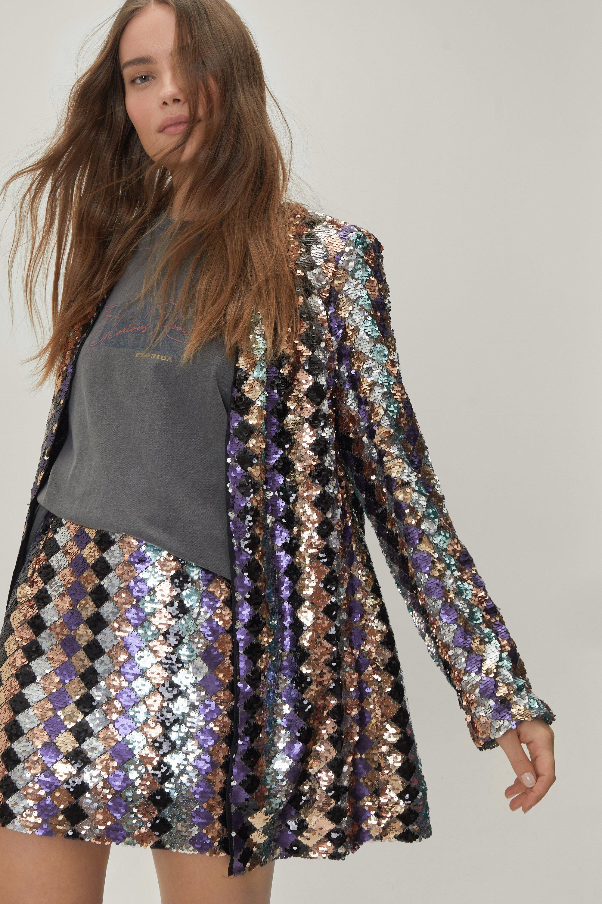Blazer Oversize En Sequins À Motifs Losanges - Noir - 32, Noir